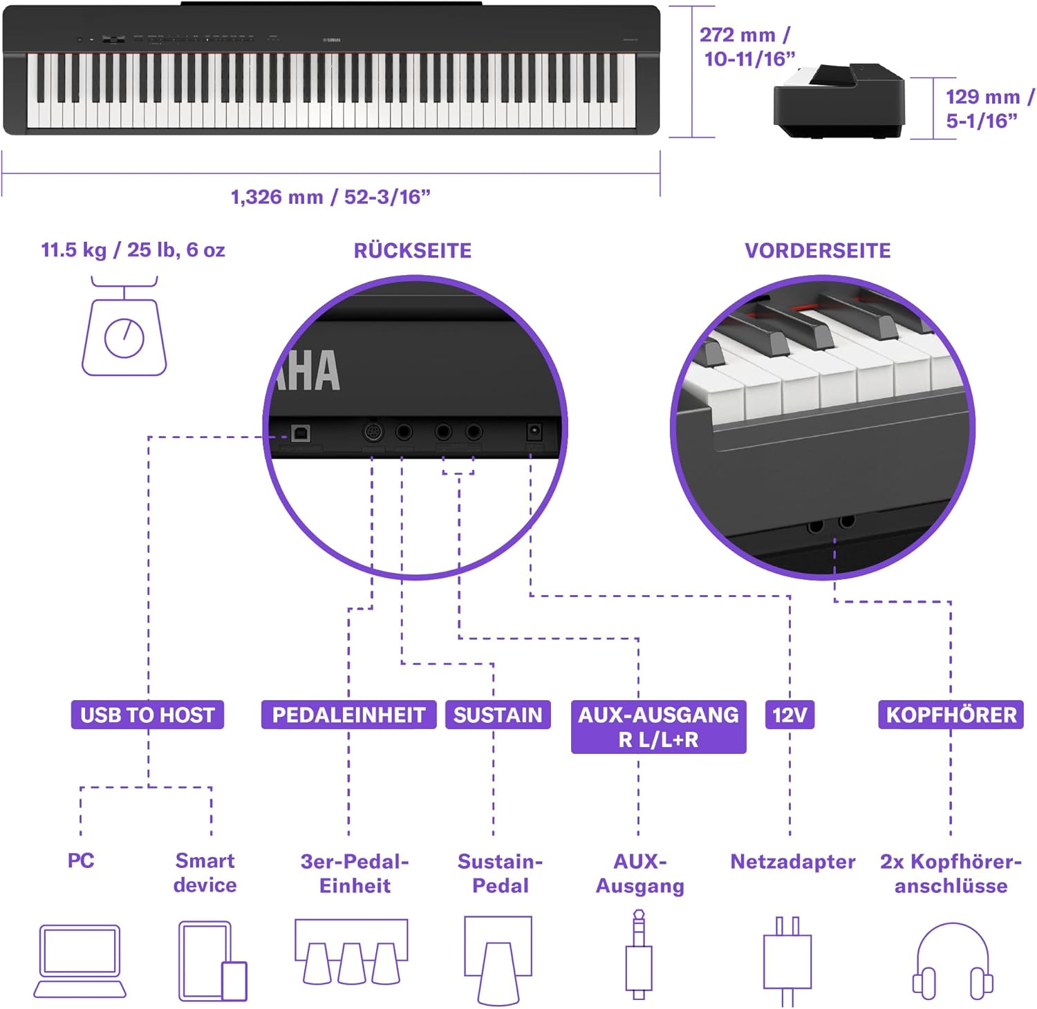 Yamaha P-225 Digital Piano, White - Lightweight and Portable Digital Piano with the Graded Hammer Compact Keyboard with 88 Weighted Keys and 24 Instrument Sounds
