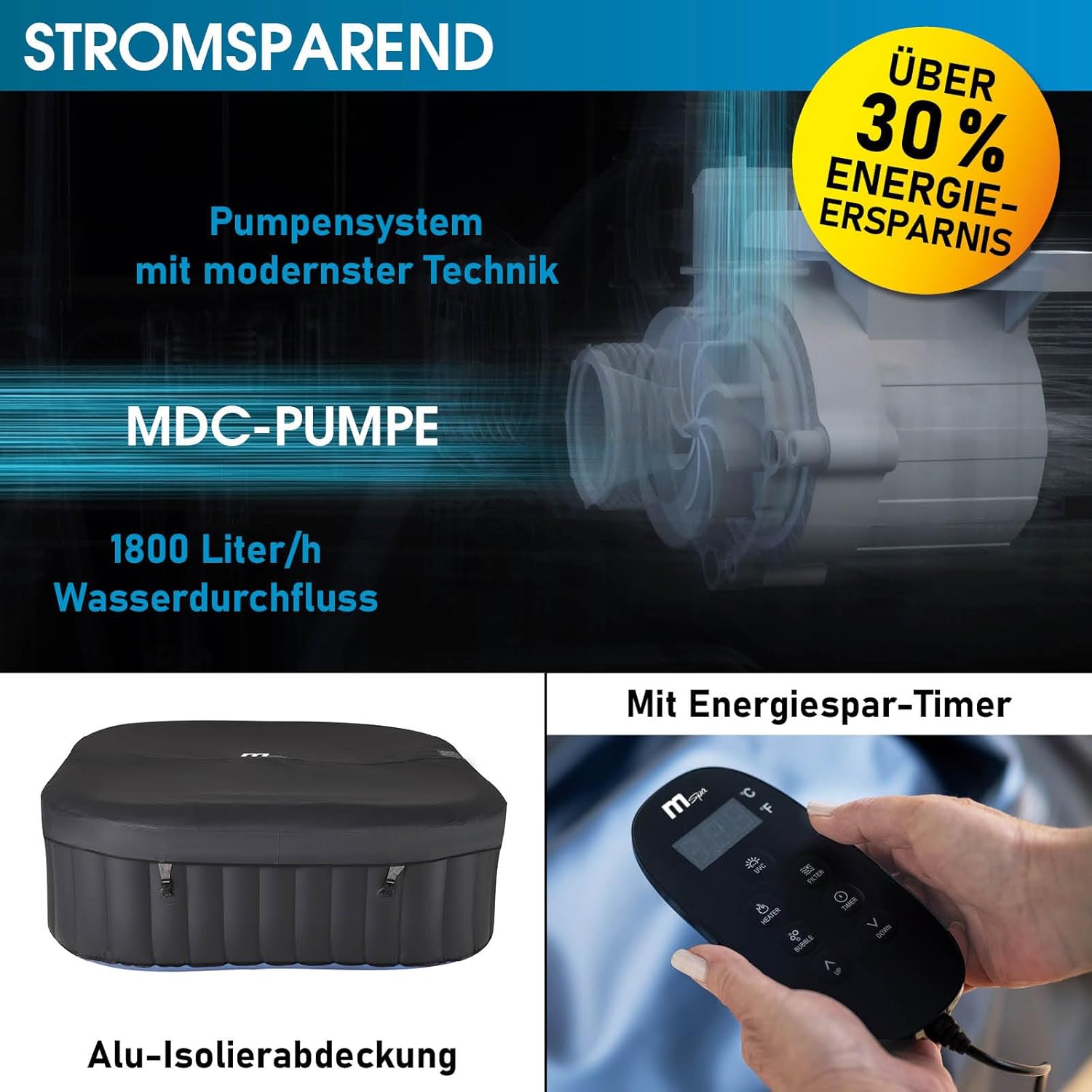 Whirlpool MSpa Inflatable for 6 People Spa 185 x 185 cm In-Outdoor Pool 132 Massage Nozzles Timer Heating Inflating Function with Push Button TÜV Tested Bubble Spa Wellness Massage