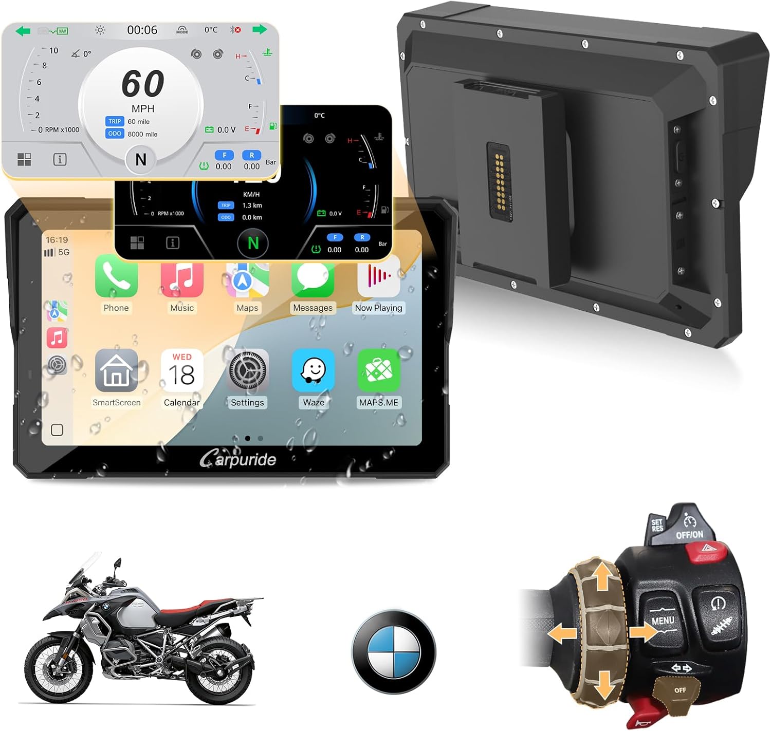 Carpuride W702BS Pro Moto Carplay Écran avec Natif Wonder Wheel pour BMW Moto, Sans Fil CarPlay et Android Auto, 7 Pouces Étanche Tactile Écran, Double Bluetooth, Interphone Fonction, Données Lecture.