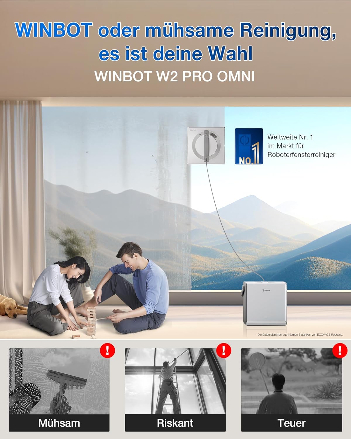 ECOVACS WINBOT W2 PRO Omni Fensterputzroboter mit 6-in-1 Multifunktionsstation, Aufladen im Betrieb, 3-Düsen-Sprühkopf, 12-Stufen-Schutz, Win-SLAM 4.0 Pfadplanung, Weiß