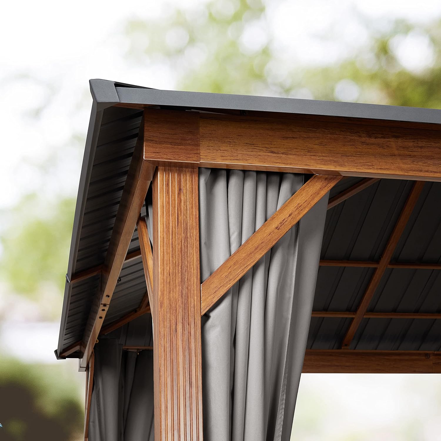 TOOLPORT Garden Gazebo 3 x 4 m Wood Effect Steel Roof Hardtop 4 Side Panels in Grey