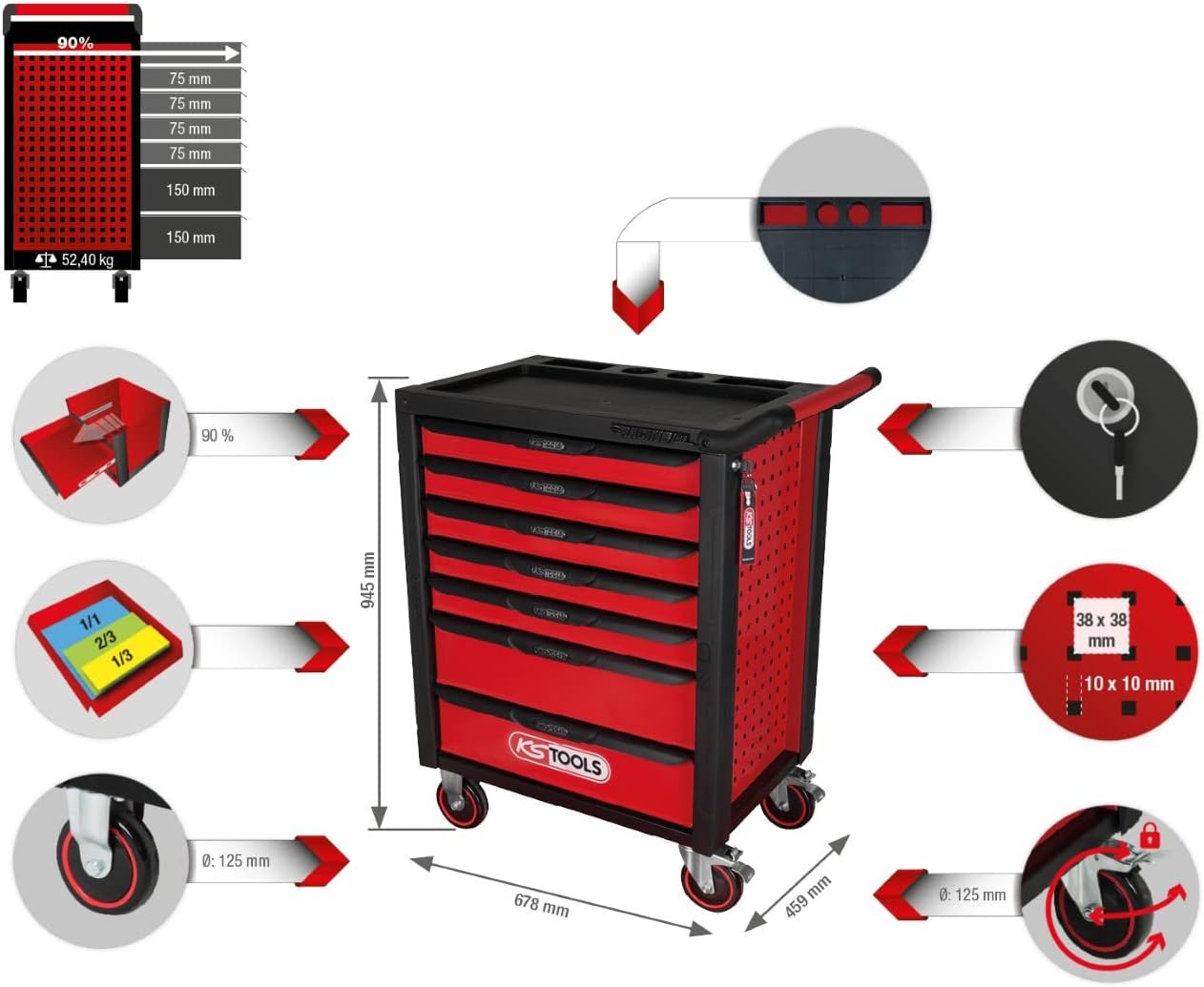 KS Tools 826.0007 RACINGline Black/RED Tool Cabinet with 7 Drawers