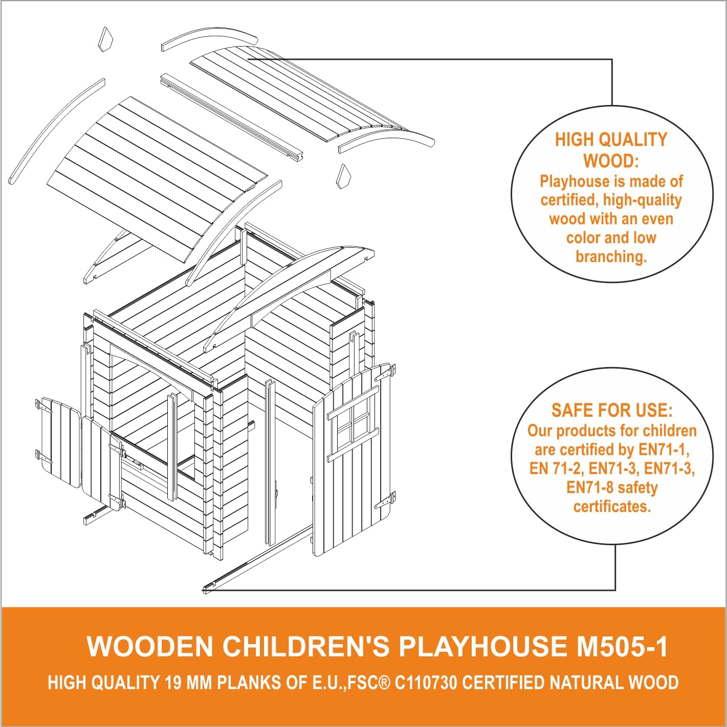 Timbela M505-1 Children's Wooden Playhouse without Floors - Outdoor Playhouse for Children - W 112 x L 146 x H 145 cm / 1.1 m2 Garden Playhouse - Garden Summer House for Children