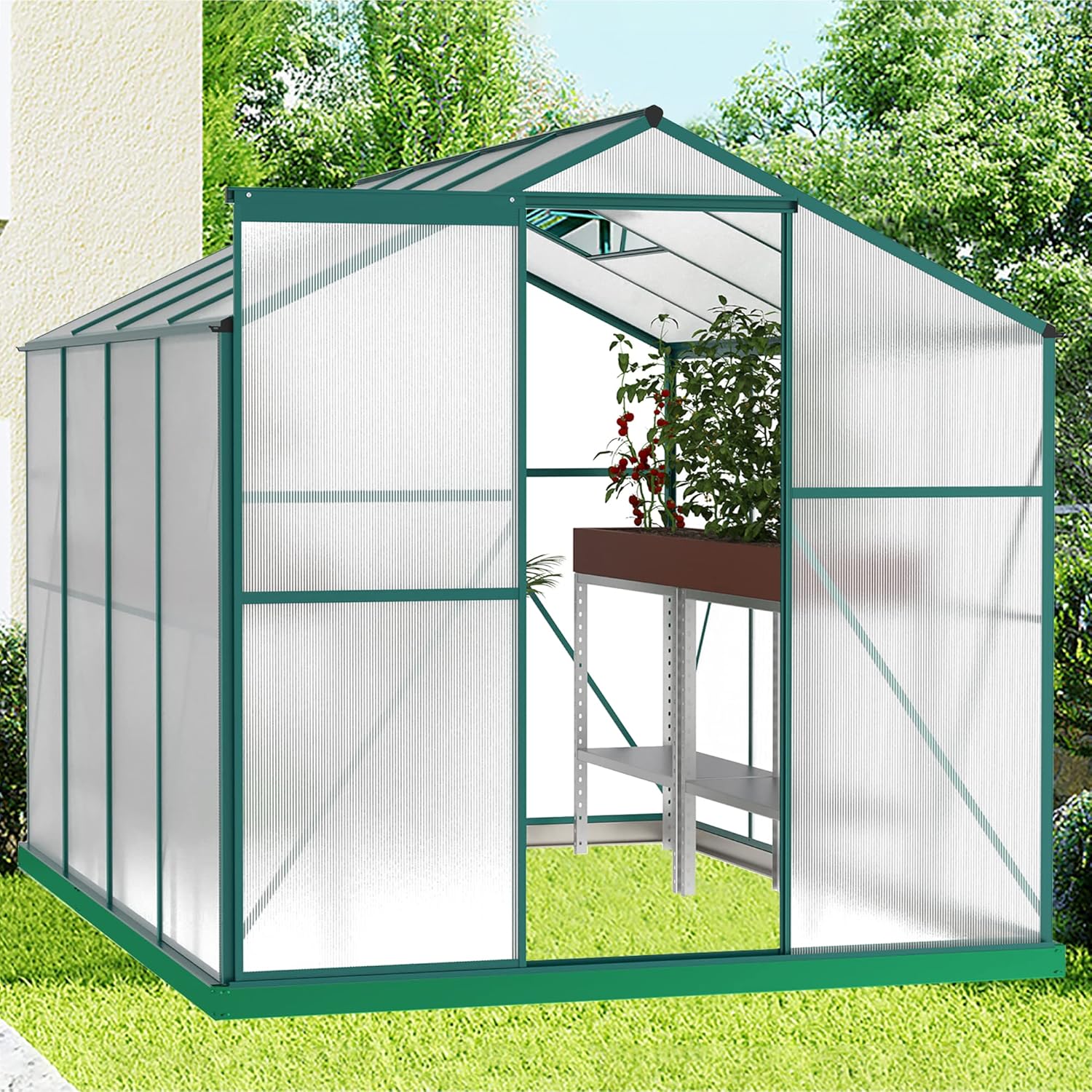 6x8 FT Polycarbonate Greenhouse, with Sliding Door and Adjustable Roof, Heavy Duty Walk-in Greenhouse Aluminum Sunroom Hot House for Outdoor Garden Backyard,Green