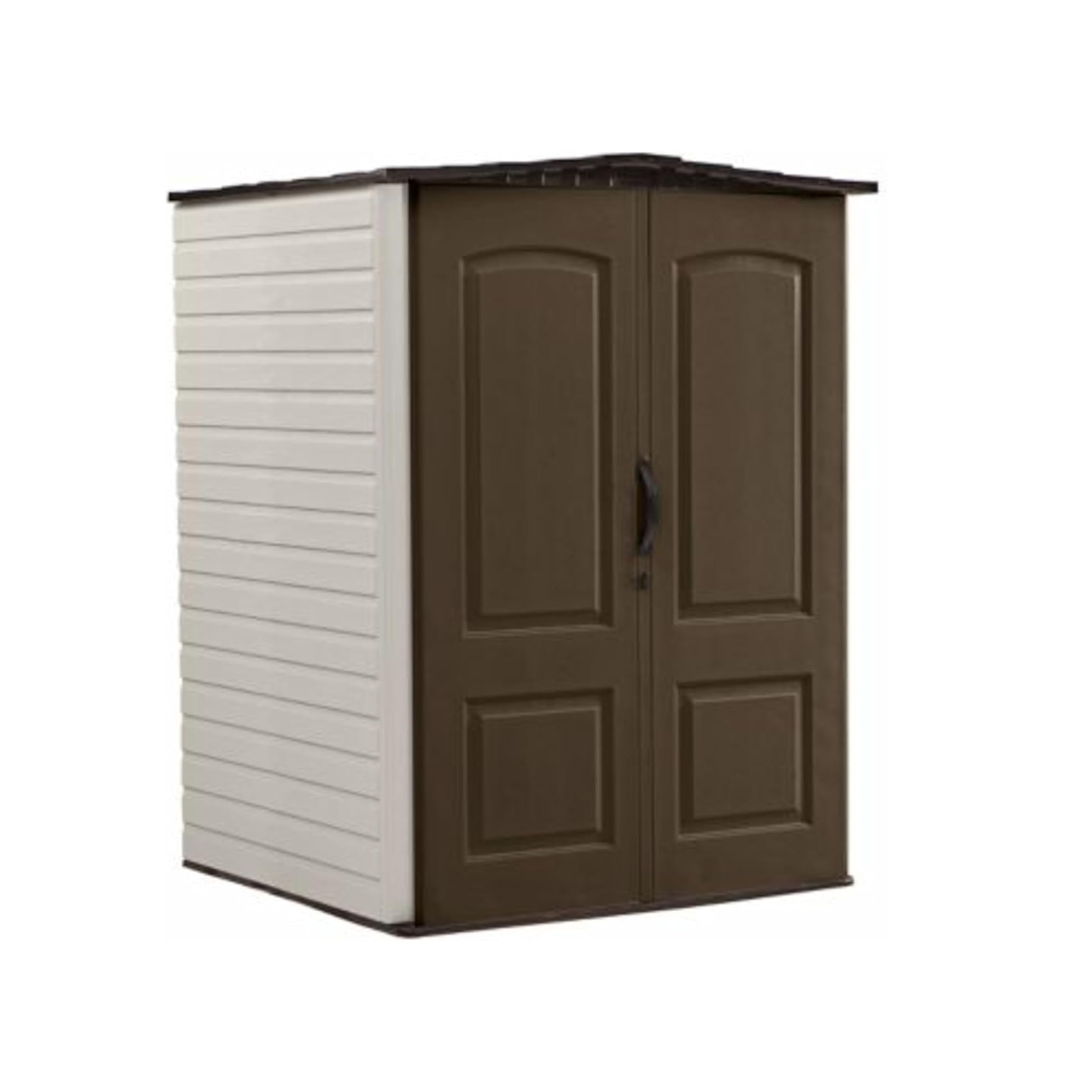 Rubbermaid Medium Vertical Resin Outdoor Storage Shed With Floor (5 x 4 Ft), Weather Resistant, Brown, Organization for Home/Backyard/Pool/Garden/Lawn Tools