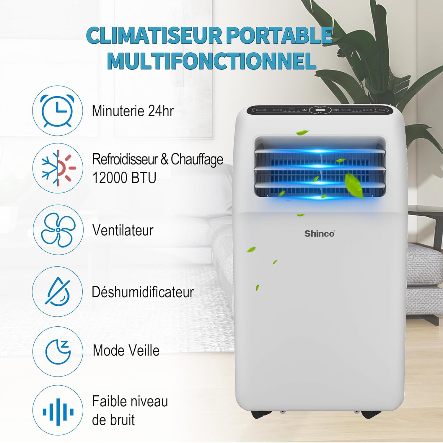 SHINCO Climatiseur Mobile Wifi 12000 BTU/h, Eco R290, 3,5 kW, 4 en 1 Refroidissement, Chauffage, ventilateur, Déshumidificateur, Blanc [Classe énergétique A]