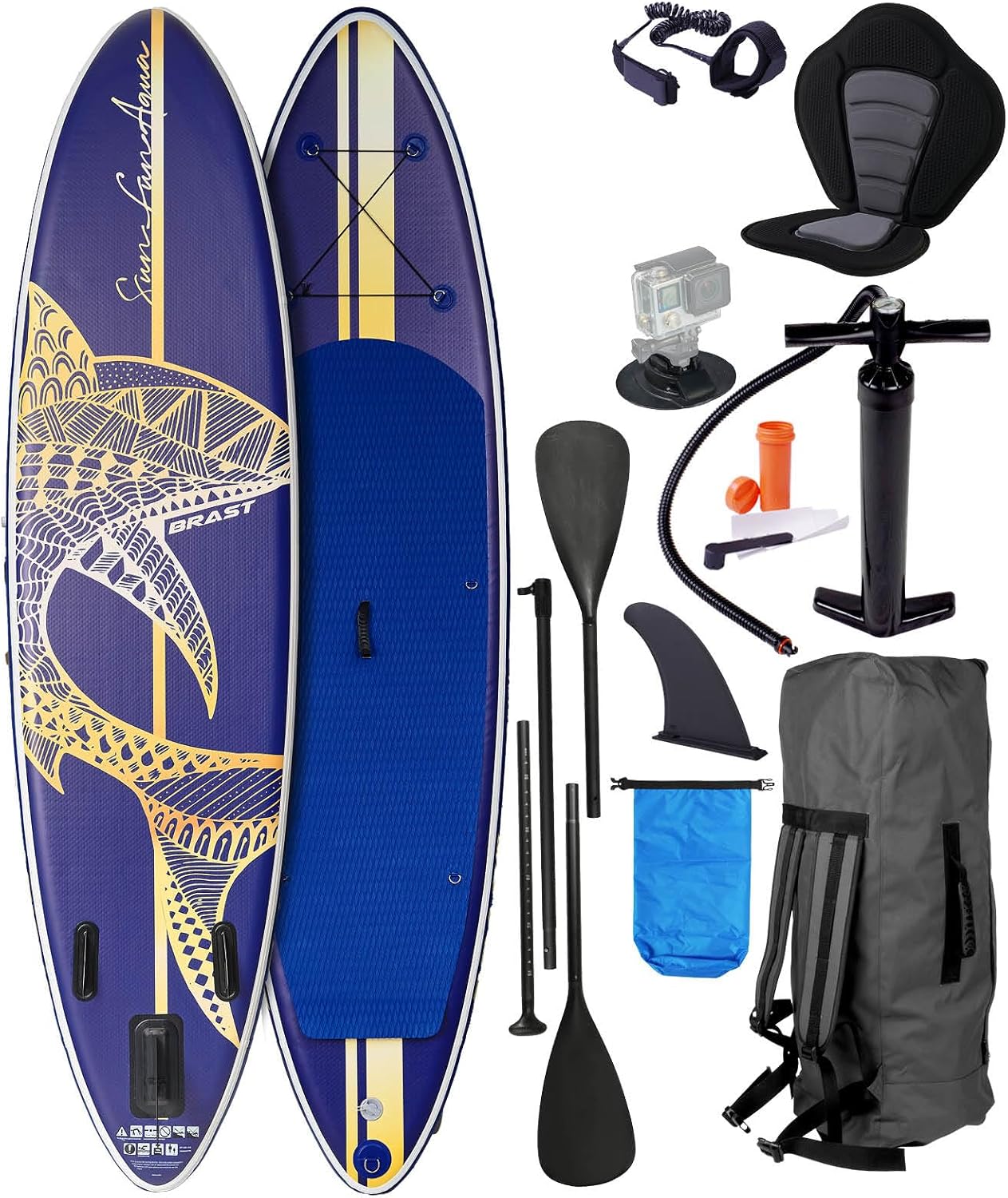 BRAST® SUP Board, Shark, Inflatable Stand Up Paddle Set, 300–320 cm, Many Models, Includes Special Accessories, 2-in-1 Paddle, Kayak Seat, Action Cam Holder, Foot Strap, Pump, Backpack