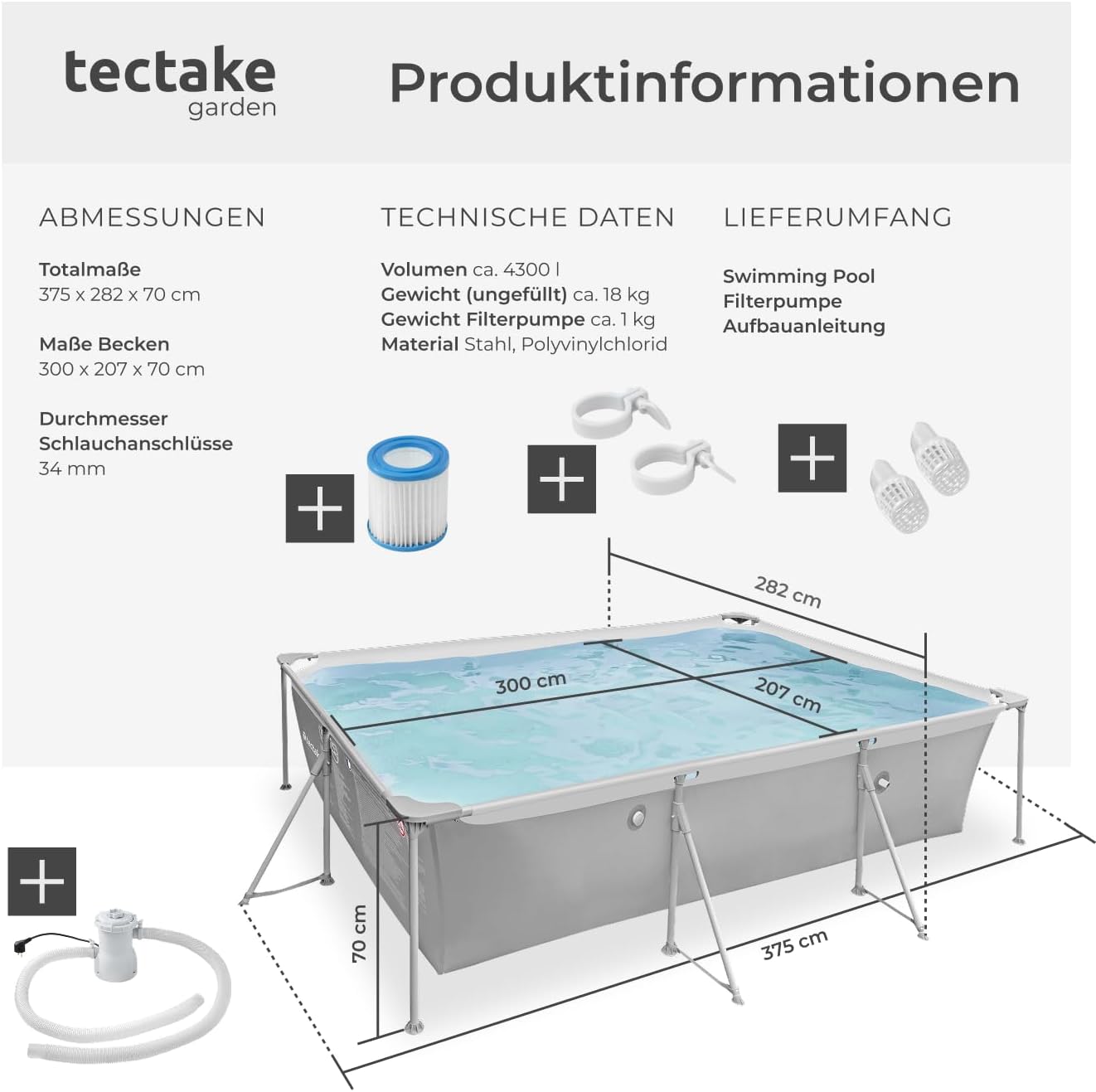 tectake® Swimming Pool, Large Swimming Pool, Rectangular, Frame Pool, Pool for Garden, Steel Frame Pool, Complete Set, Outdoor Garden Pool, Above Ground Pool, 300 x 207 x 70 cm, Grey