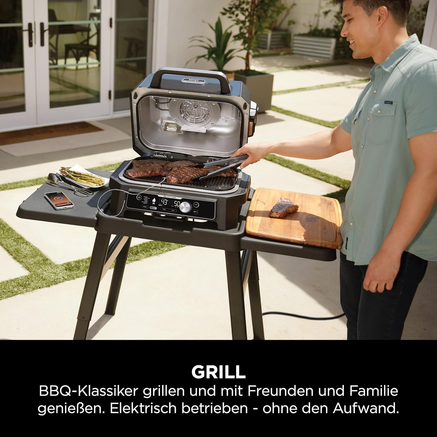 Ninja Woodfire Pro Connect XL Elektrischer BBQ Smoker Grill, App-Steuerung, digitaler Temperaturfühler, 7-in-1 Outdoor Grill elektrisch & Air Fryer mit Woodfire Pellets, wetterfest, Schwarz OG901EU