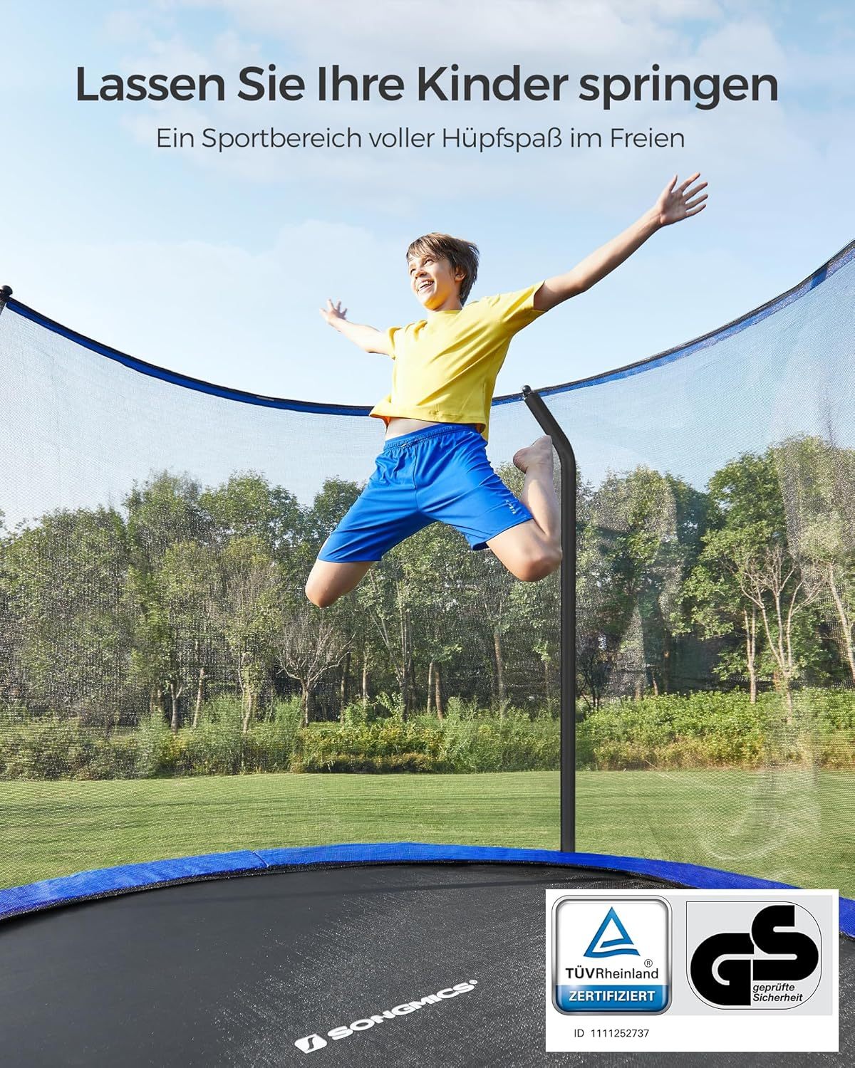 SONGMICS Outdoor Trampoline Ø 427 cm, Round Garden Trampoline with Safety Net and Ladder, Edge Cover, Padded Frame, for Childre