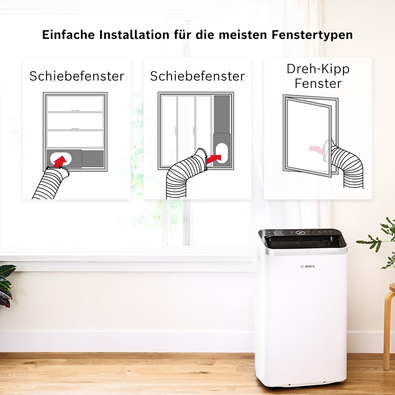 Bosch Cool 5000 Mobile Air Conditioner, 3-in-1 Air Conditioner, Dehumidifier, Fan, 3.4 kW for Rooms up to 46 m², with Auto Mode, Silent Mode and Sleep Mode
