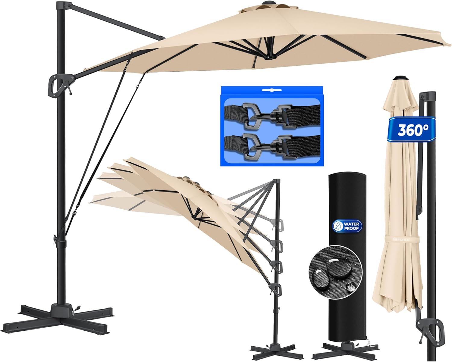 KESSER® Sun Parasol Round XL Diameter 330 cm Includes Cover + Wind Protection 7-Way Adjustable Tilting Large 360° Rotatable Garden Umbrella with Crank Sun Protection UV50+ Anthracite