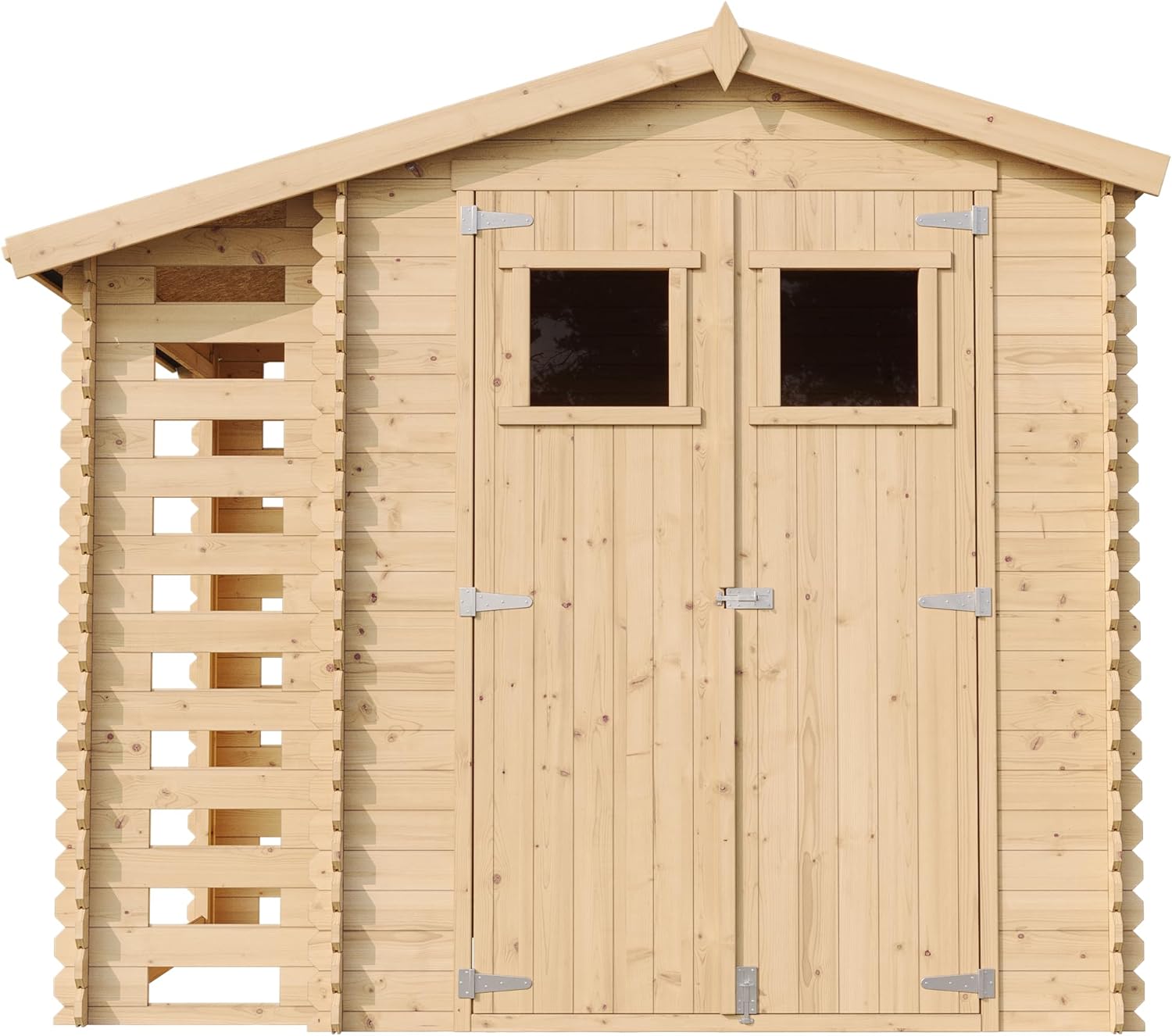 TIMBELA M386F Wooden Garden Shed with Firewood Shed, High-Quality Lockable Door, Garden Shed Wood, W 272 x L 206 x H 218 cm / 3.53 + 0.97 m2 Storage Shed for Garden - Waterproof Roof