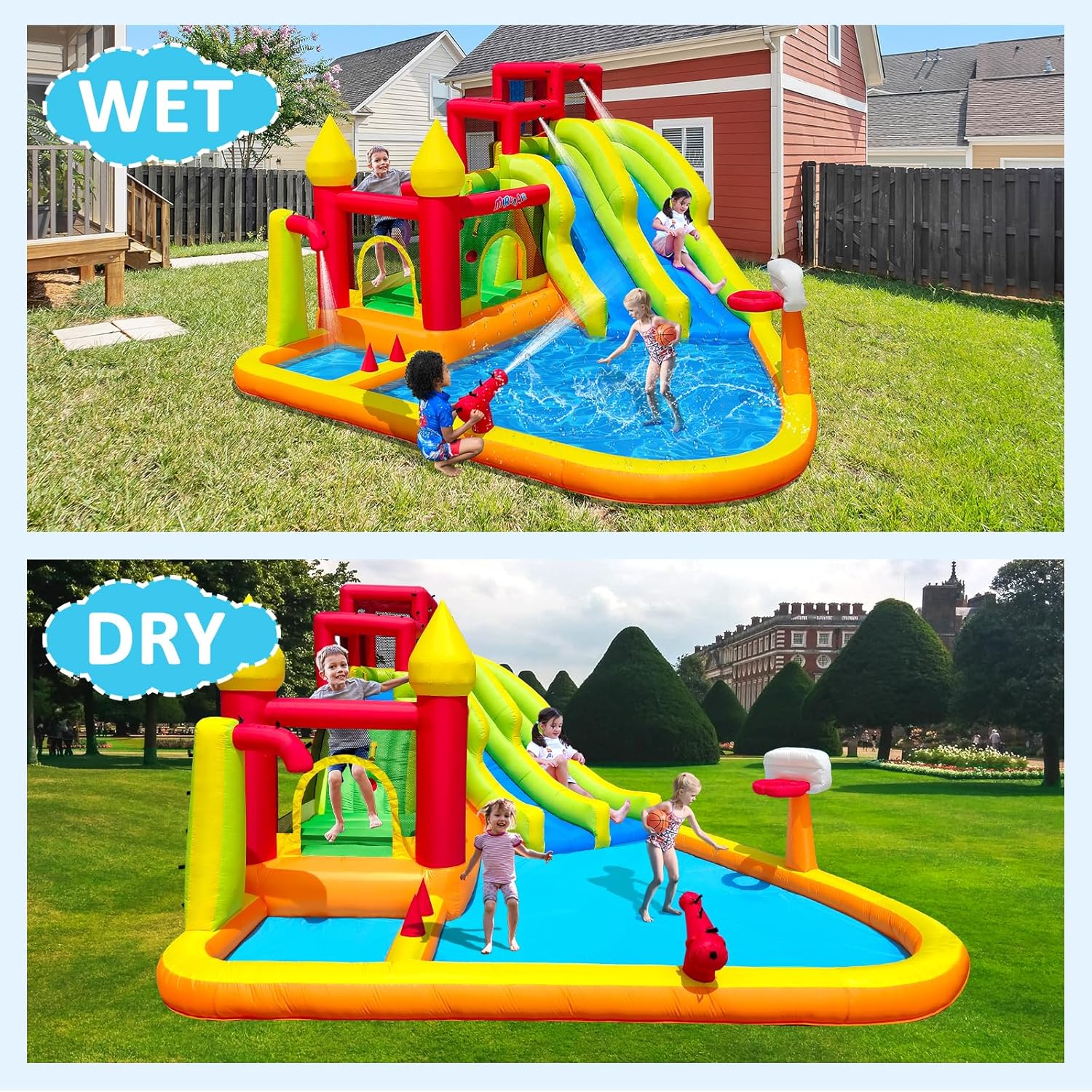Inflatable Bounce House with Slides, Inflatable Water Slide for Kids Backyard, Bounce Water Prak with Air Blower, Splash Pool, Water Cannon, Climbing Wall, Outdoor Backyard Water Park