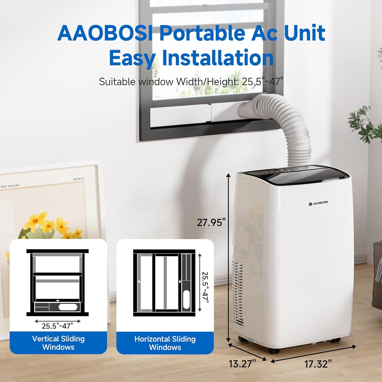 AAOBOSI 14,000 BTU Portable Air Conditioner with Heater & Dehumidifier, 6-in-1 Cooling Unit for Large Room up to 350 Sq.Ft, Quiet 45dB, Smart App Control, Window Kit & Wheels Included