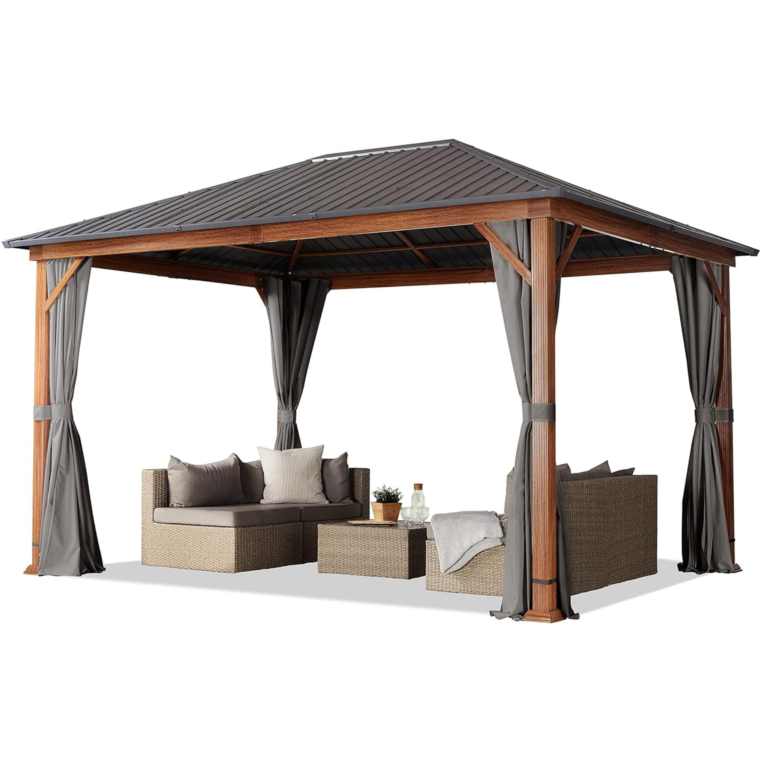 TOOLPORT Garden Gazebo 3 x 4 m Wood Effect Steel Roof Hardtop 4 Side Panels in Grey