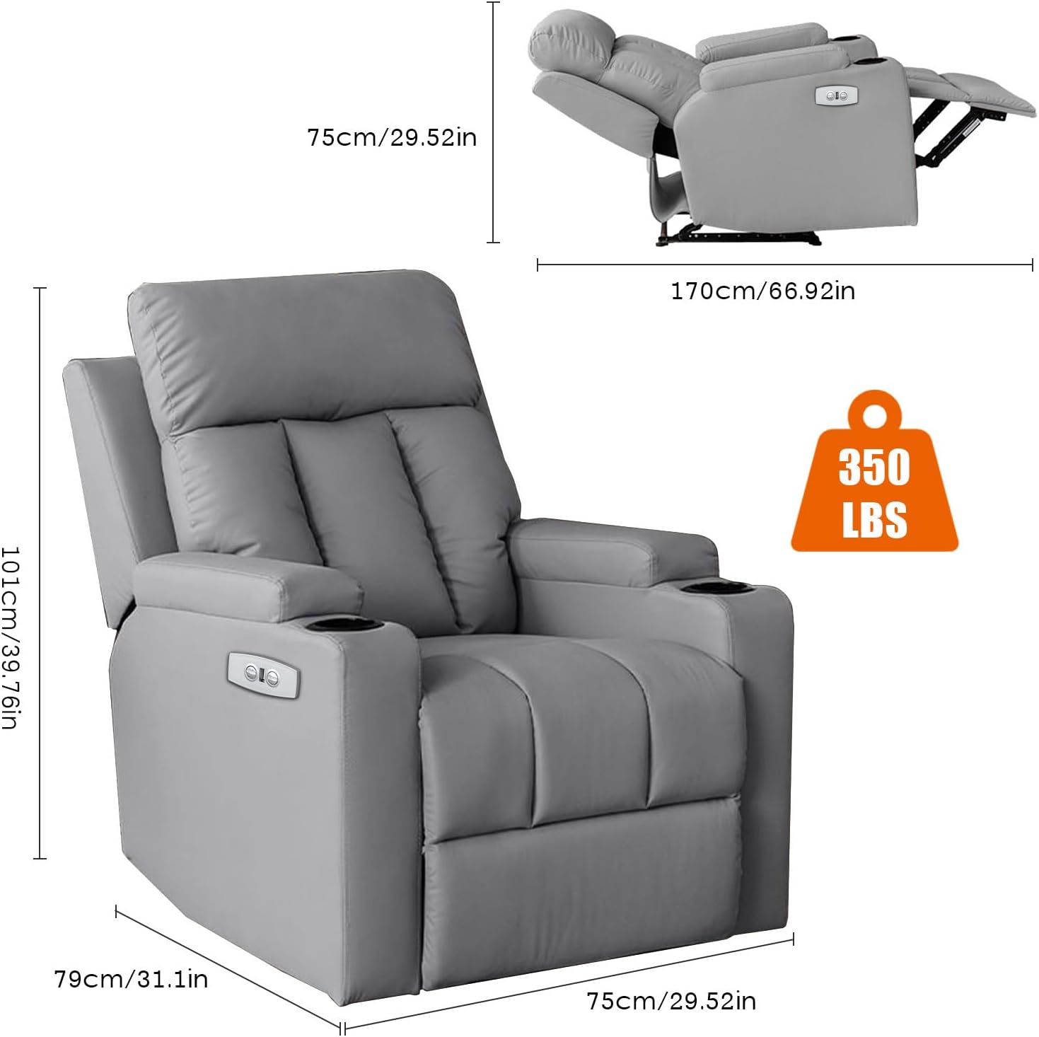 Recliner Chair for Adults, Faux Leather Reclining Chairs with Cup Holder and USB Charging, Single Lazyboy Recliner Sofa for Living Room, RV, Bedroom
