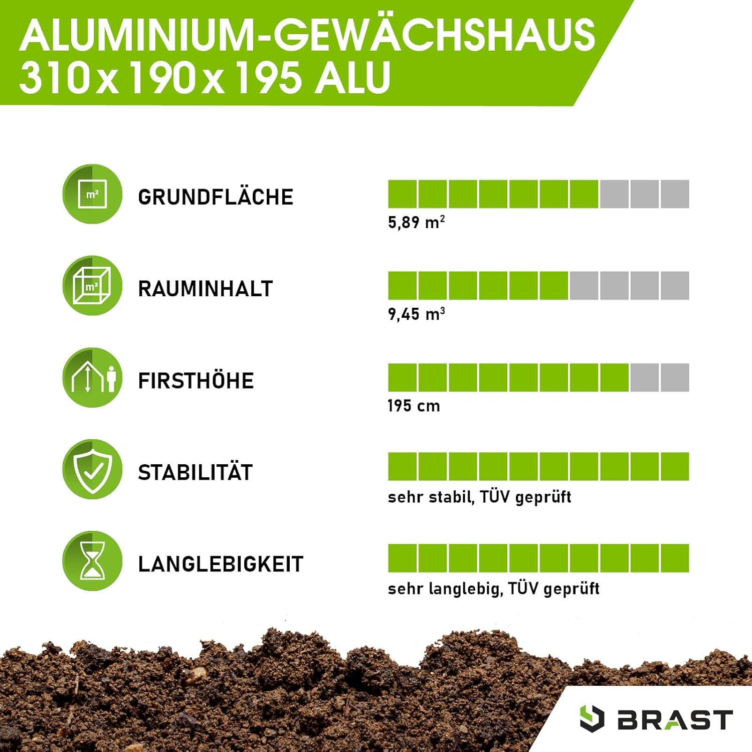 BRAST Greenhouse Aluminium with Base 310 x 190 x 195 cm TÜV Tested, 6 mm Hollow Chamber Panels, Rustproof, Weatherproof, Temperature-Resistant