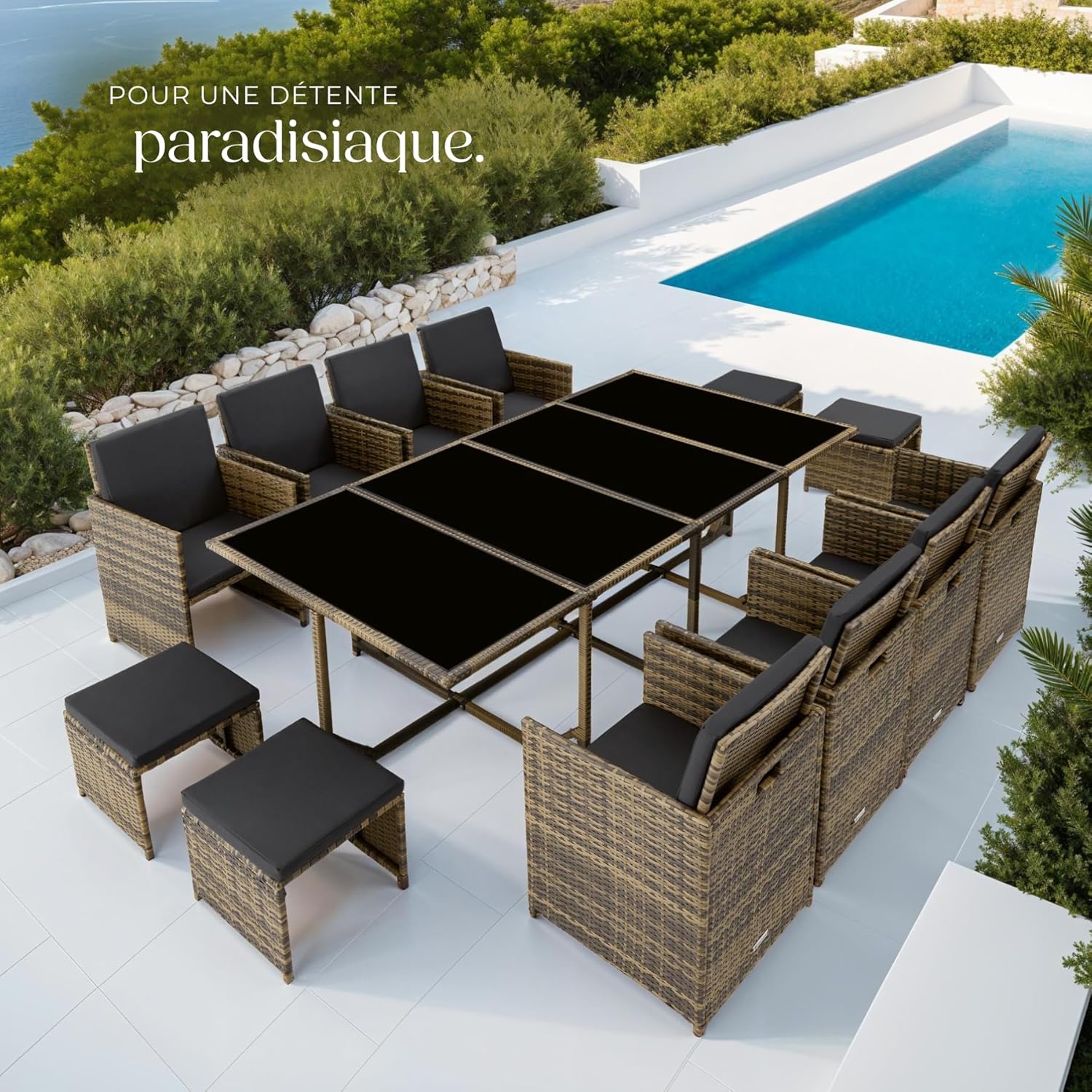 TecTake Rattan Garden Furniture Set - Outdoor Dining Set with 8 Comfortable Chairs, 4 Stools, and 1 Table - Balcony and Patio Furniture - Black/Grey