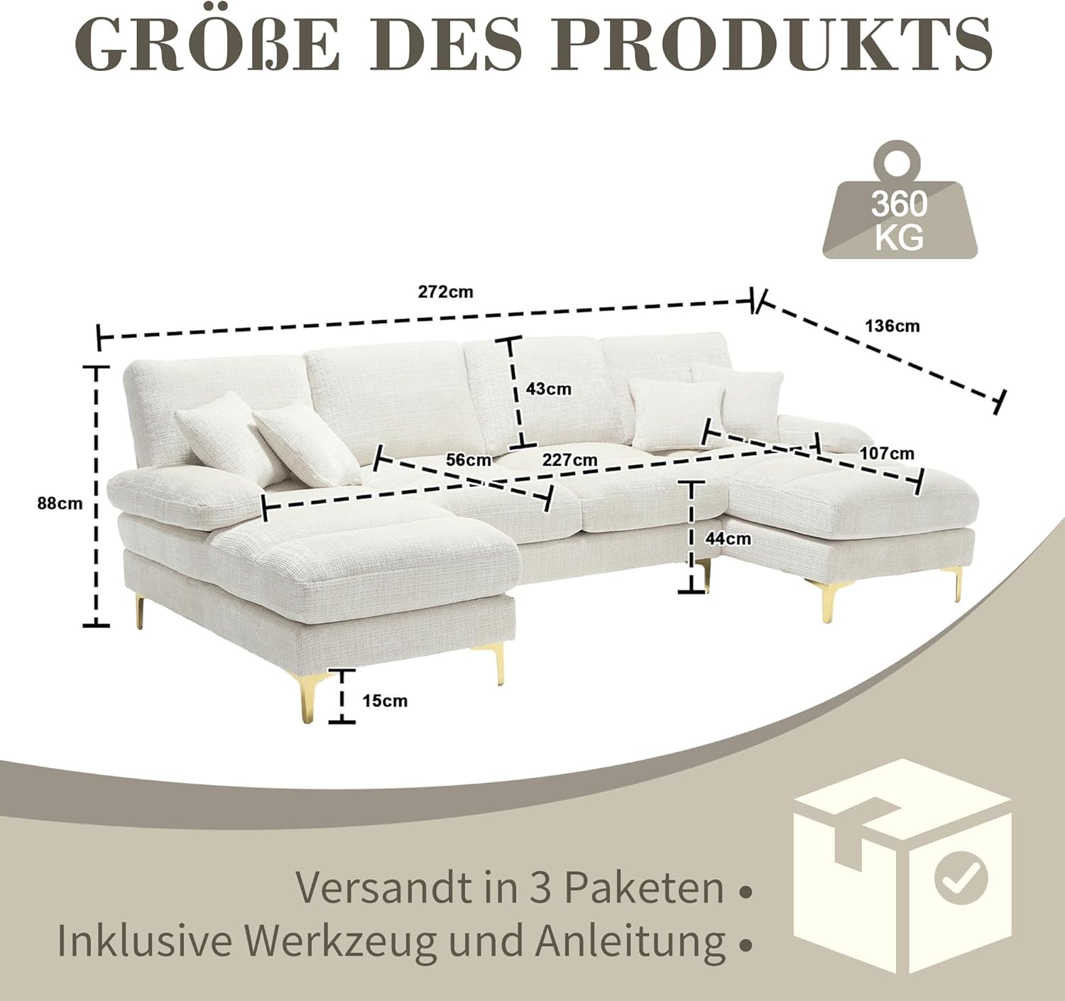 LIFEISLE U-Shape Sofa Couch with Chaise Longue, Large Sectional Sofa with Double Reclining Seats, 4 Seater Corner Sofa with Sleep Function for Living Room, Bedroom, Office, Home, Chenille Fabric