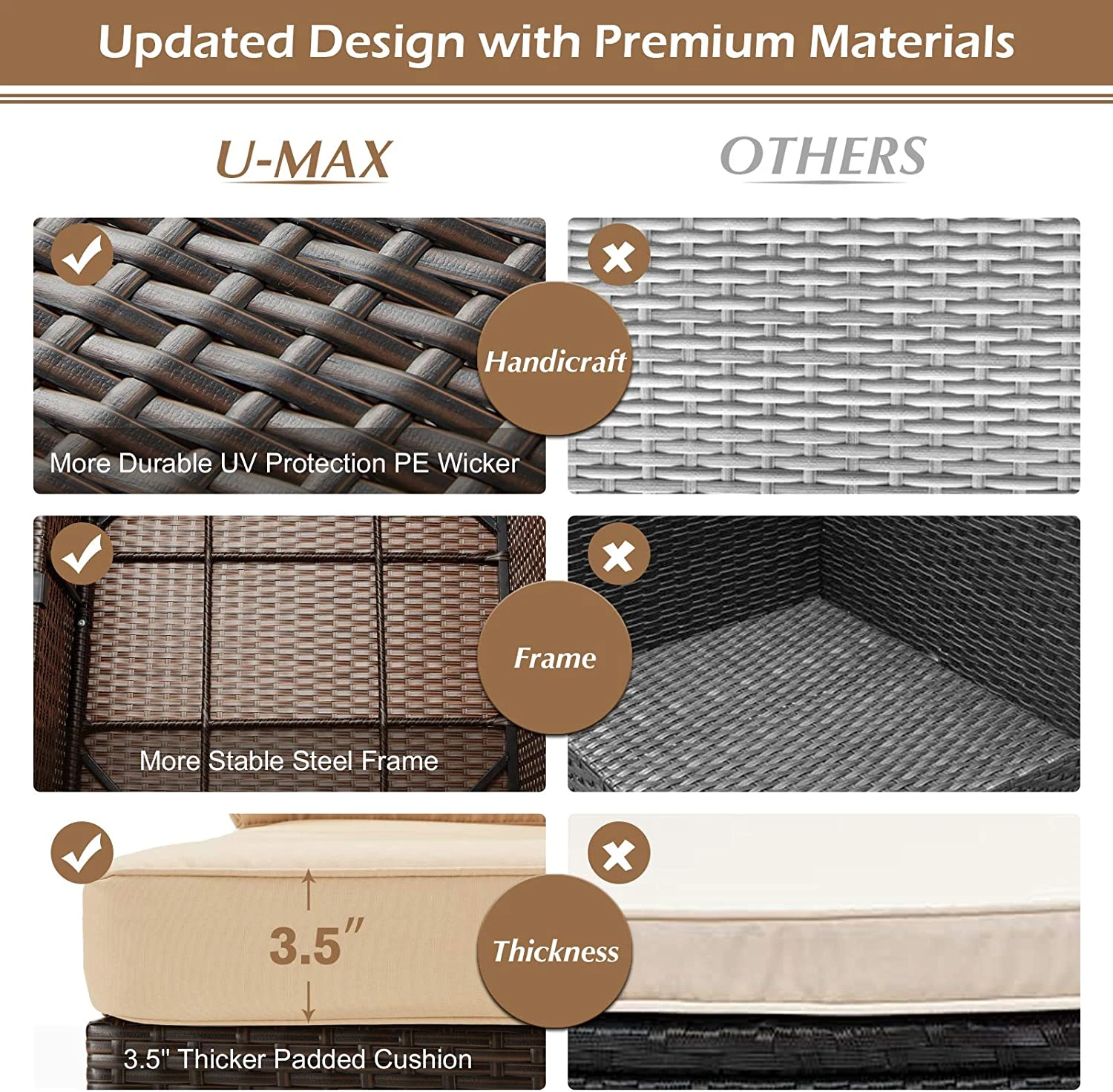 U-MAX 7 Piece Outdoor Patio Furniture Set, PE Rattan Wicker Sofa Set, Outdoor Sectional Furniture Chair Set with Khaki Cushions and Tea Table