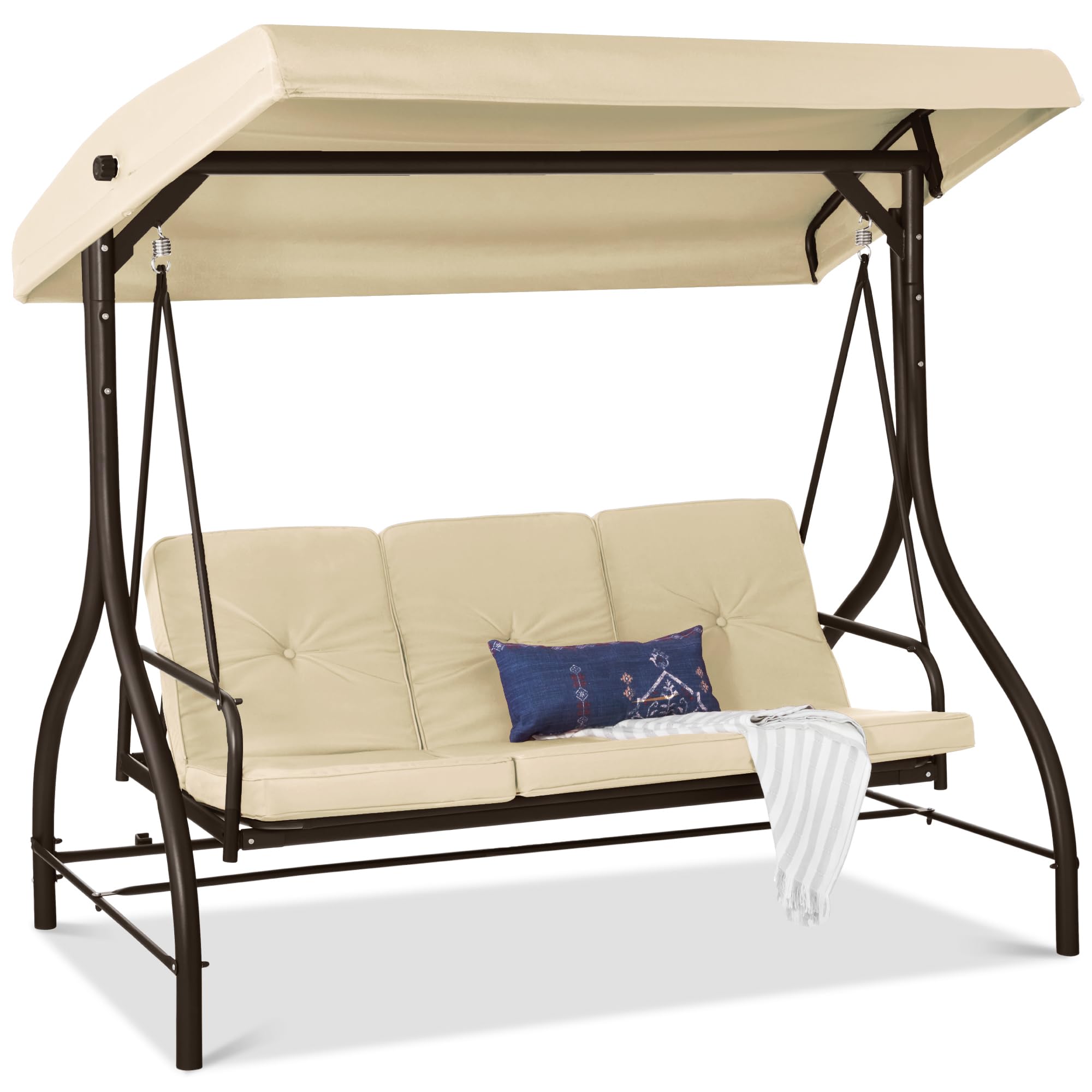 Best Choice Products 3-Seat Outdoor Large Converting Canopy Swing Glider, Patio Hammock Lounge Chair for Porch, Backyard w/Flatbed, Adjustable Shade, Removable Cushions