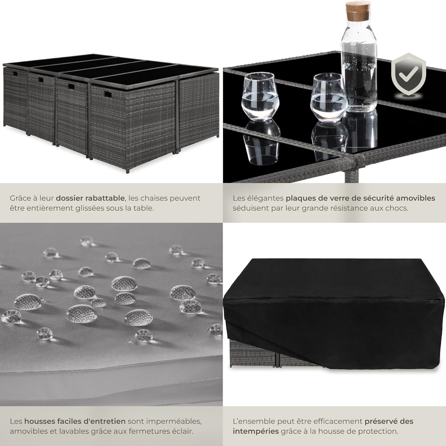 TecTake Rattan Garden Furniture Set - Outdoor Dining Set with 8 Comfortable Chairs, 4 Stools, and 1 Table - Balcony and Patio Furniture - Black/Grey