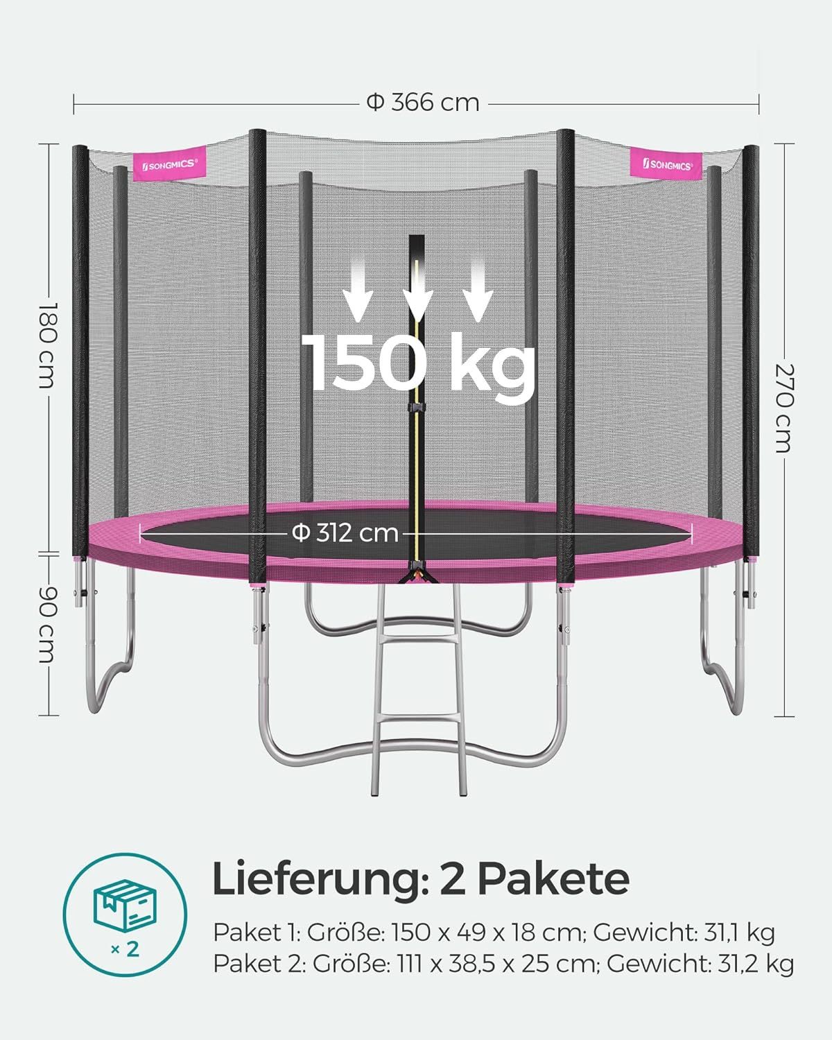 SONGMICS Outdoor Trampoline Ø 366cm, Round Garden Trampoline with Safety Net, Ladder and Padded Poles
