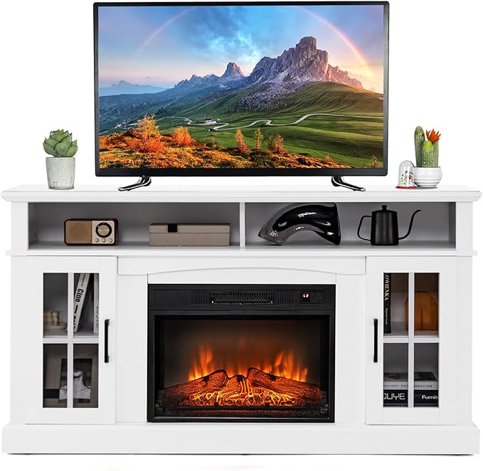 COSTWAY Electric Fireplace TV Stand for TVs Up to 65 Inches, 1400W Heater Insert with Remote Control, 6H Timer, 3-Level Flame, Overheat Protection and CSA Certification, Adjustable Shelves, Grey