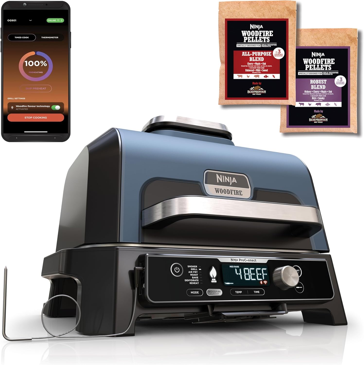 Ninja Woodfire Pro Connect XL Elektrischer BBQ Smoker Grill, App-Steuerung, digitaler Temperaturfühler, 7-in-1 Outdoor Grill elektrisch & Air Fryer mit Woodfire Pellets, wetterfest, Schwarz OG901EU