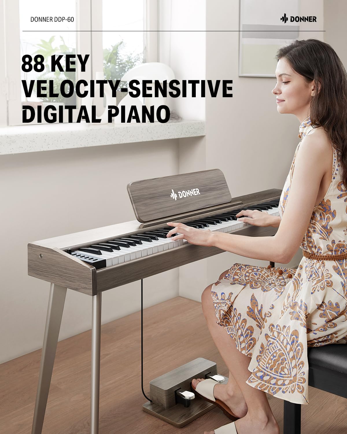 Donner DDP-60 88 Keys Digital Piano for Beginners, Electric Keyboard with Velocity Keys, 128 Voices, 83 Rhythms, 8 Reverb Effects, 5 Strength Curves, Auto Chord