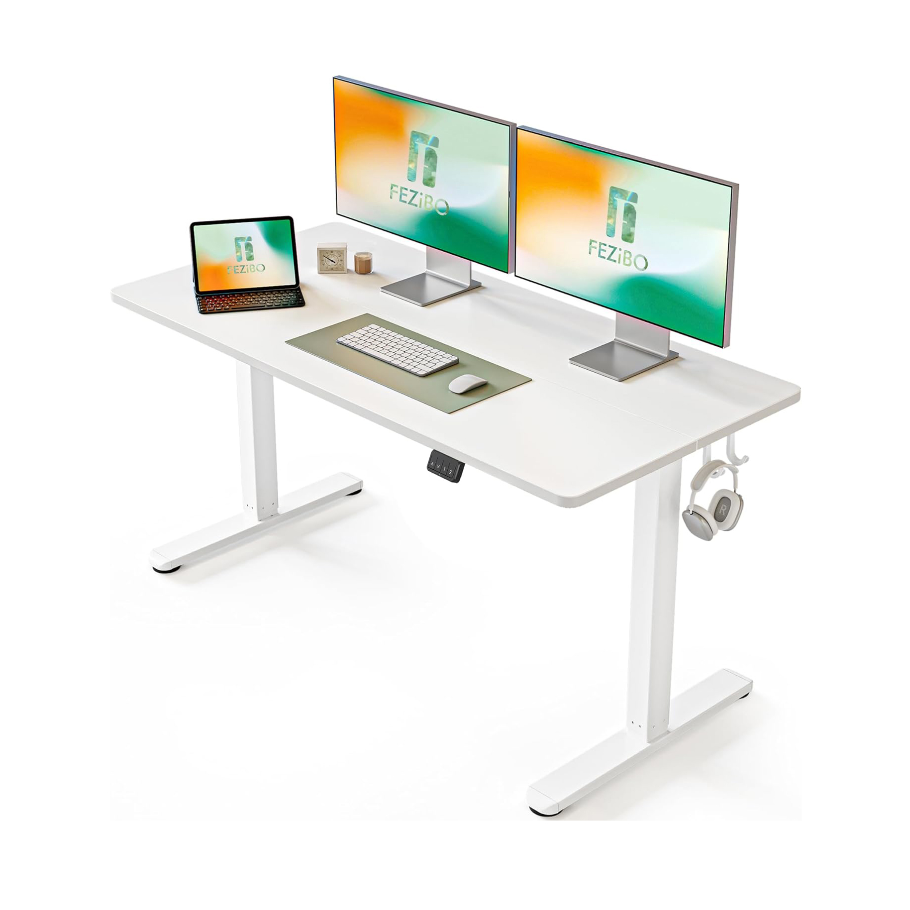 FEZIBO Bureau Assis Debout Électrique, 140 x 60 cmBureau Table Debout Réglable en Hauteur Acier T Pieds avec Système Anti-Collision, Panneau Contrôle à Fonctions Mémoires, Planche Blanc