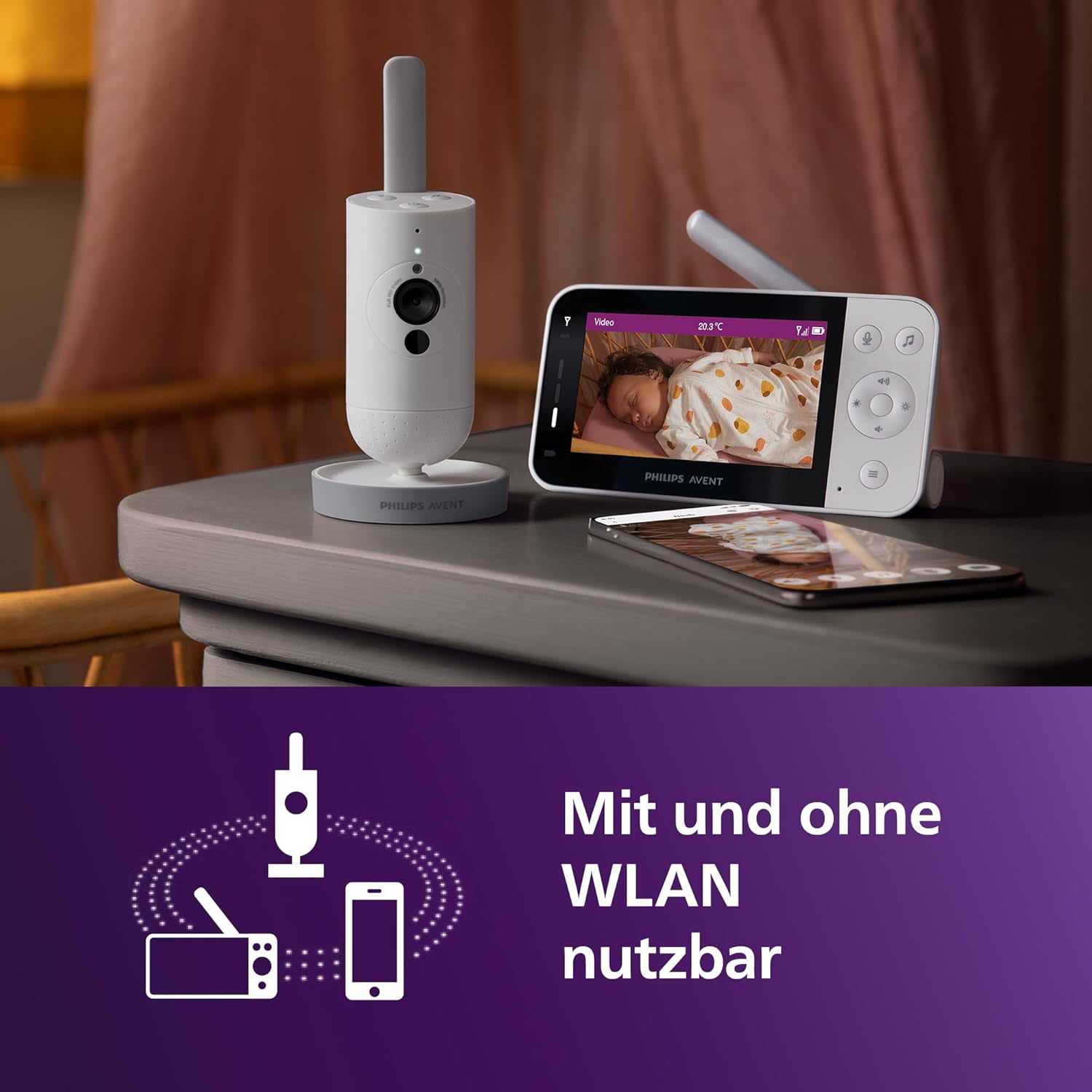 Philips AVENT Philips Connected Videophone mit WLAN, hochwertiger HD-Kamera, Infrarot-Nachtsichtfunktion, Schrei-Erkennung, Gegensprechfunktion, DEKRA Zertifiziert privat und sicher, SCD951/26
