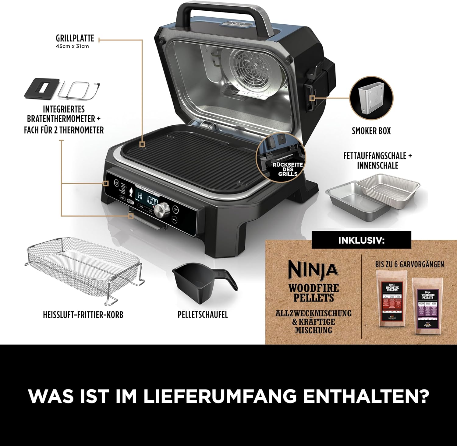 Ninja Woodfire Pro Connect XL Elektrischer BBQ Smoker Grill, App-Steuerung, digitaler Temperaturfühler, 7-in-1 Outdoor Grill elektrisch & Air Fryer mit Woodfire Pellets, wetterfest, Schwarz OG901EU