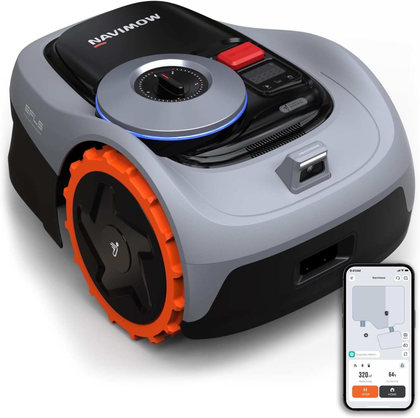 Navimow i105E Robotic Lawnmower without Boundary Cable, Reception 500 m², Max. 600 m², RTK+Vision Lawn Mower Robot Test Winner, Hedgehog Protection Lawn Robot, AI Car Mapping, Virtual Limiting