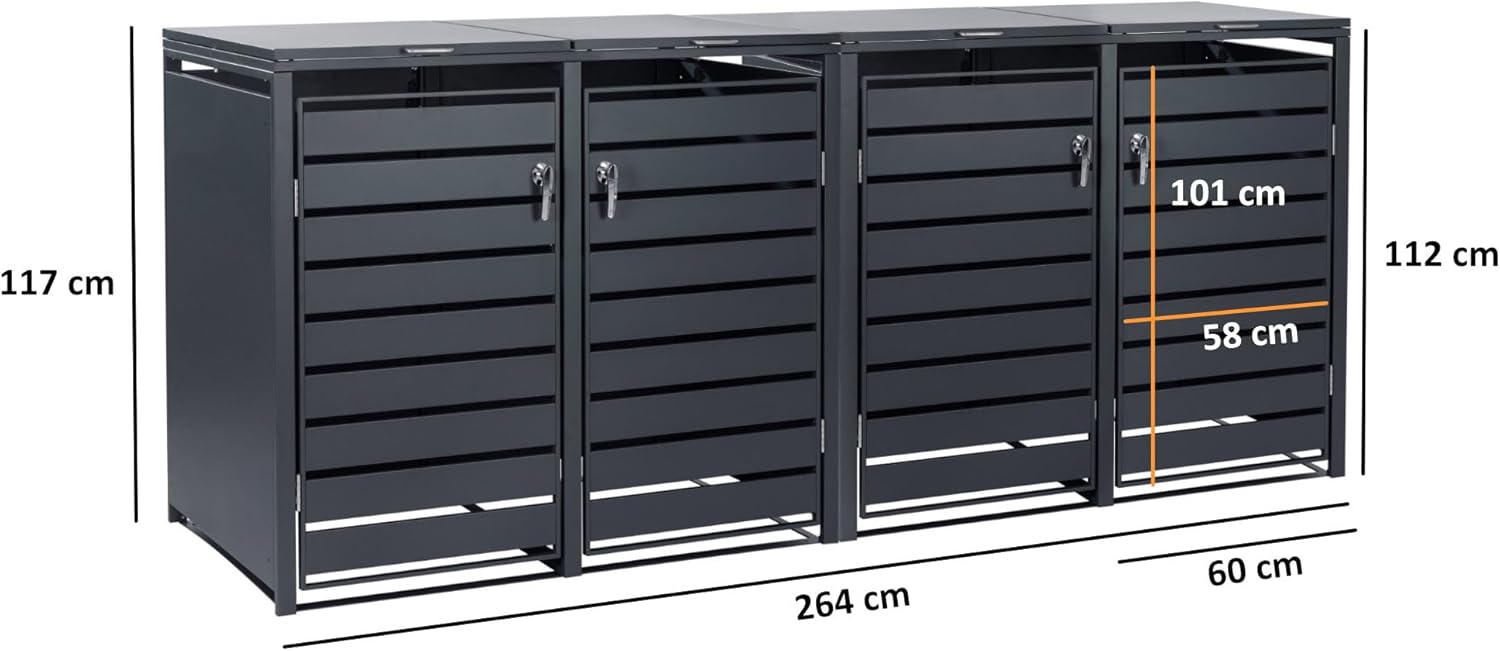 Zelsius Wheelie Bin Box, 4 Bins, 120-240 Litres, Anthracite RAL 7016, Includes Extension Option, Storage Box for Wheelie Bins, 4 Wheelie Bin Boxes