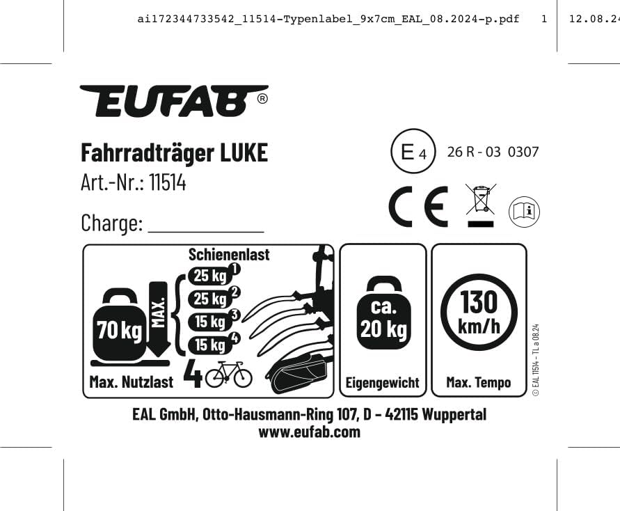 Eufab 11514 Tow Bar Carrier Luke for 4 Bicycles