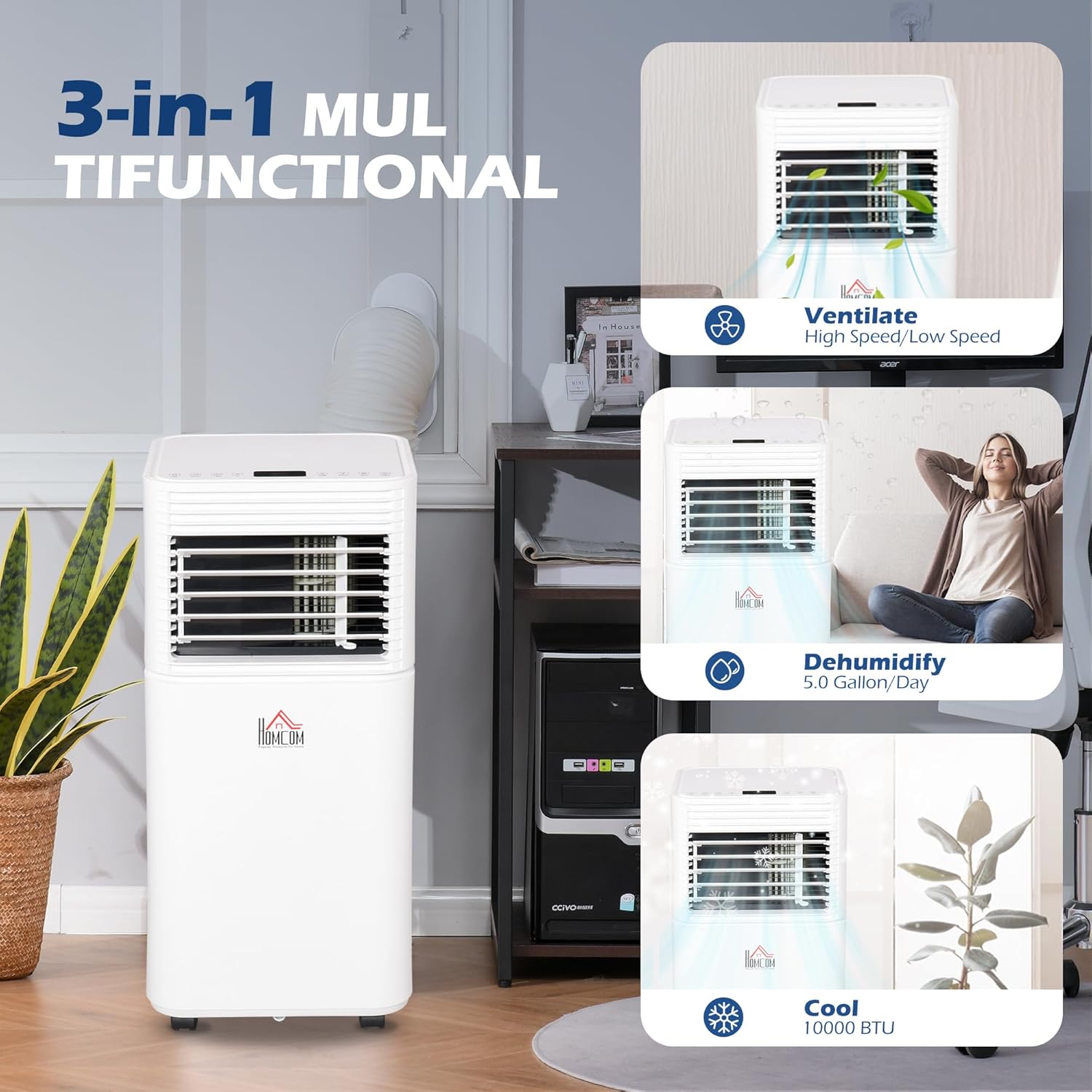 HOMCOM Portable Air Conditioner, 10,000 BTU Portable AC Unit with Dehumidifier & Fan, Sleep Modes, 24H Timer, Remote Control, Rooms up to 441 Sq. ft for Home, Office, White