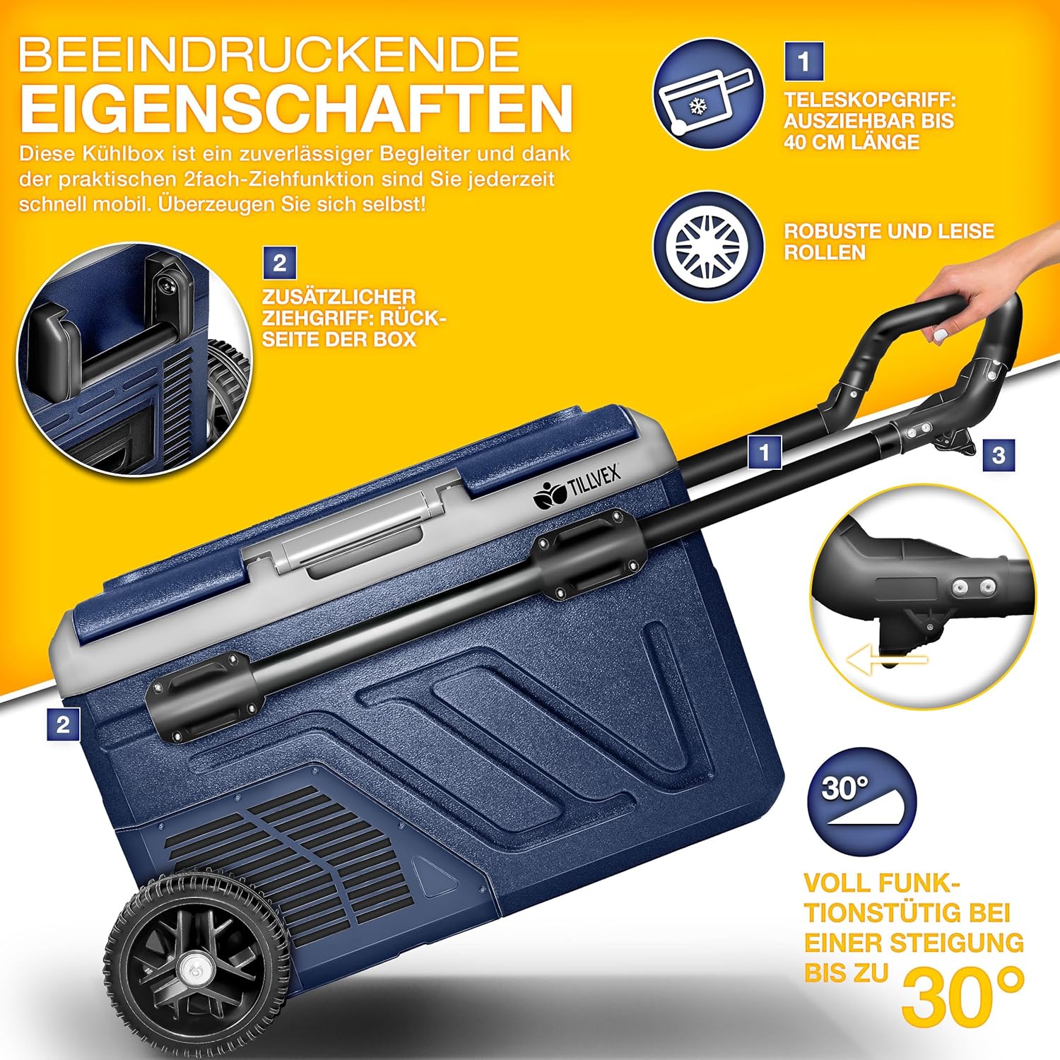 tillvex® Kompressor Kühlbox elektrisch 40-60 Liter | Elektrische Gefrierbox WIFI-APP-Steuerung 12/24 V 230V | Kühlschrank bis -20 °C für Auto, Lkw, Camping (Navyblau, 50 Liter - mit Akku) [Energieklasse B]