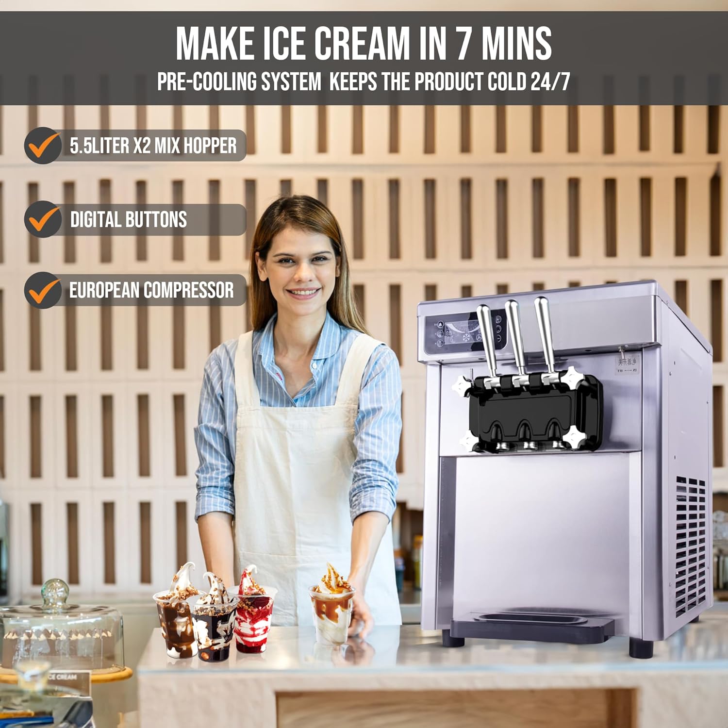 CVS D520S Triple Head Ice Cream Machine: 22L/H Output, 5.5Lx2 Refrigerated Hopper, 1.6LX2 Freezing Tank, Auto Operation, Microcomputer Control, 800W (ICE CREAM MACHINE)