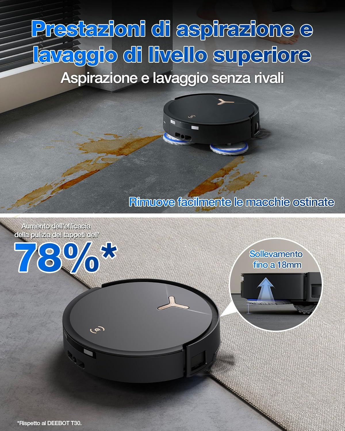 ECOVACS DEEBOT T50 MAX PRO OMNI Robot Aspirapolvere Lavapavimenti, 18.500Pa, ZeroTangle 2.0, Pulizia Profonda Tappeti, Spazzola Laterale Estendibile e Straccio, Lavaggio Automatico Acqua Calda 40-75℃