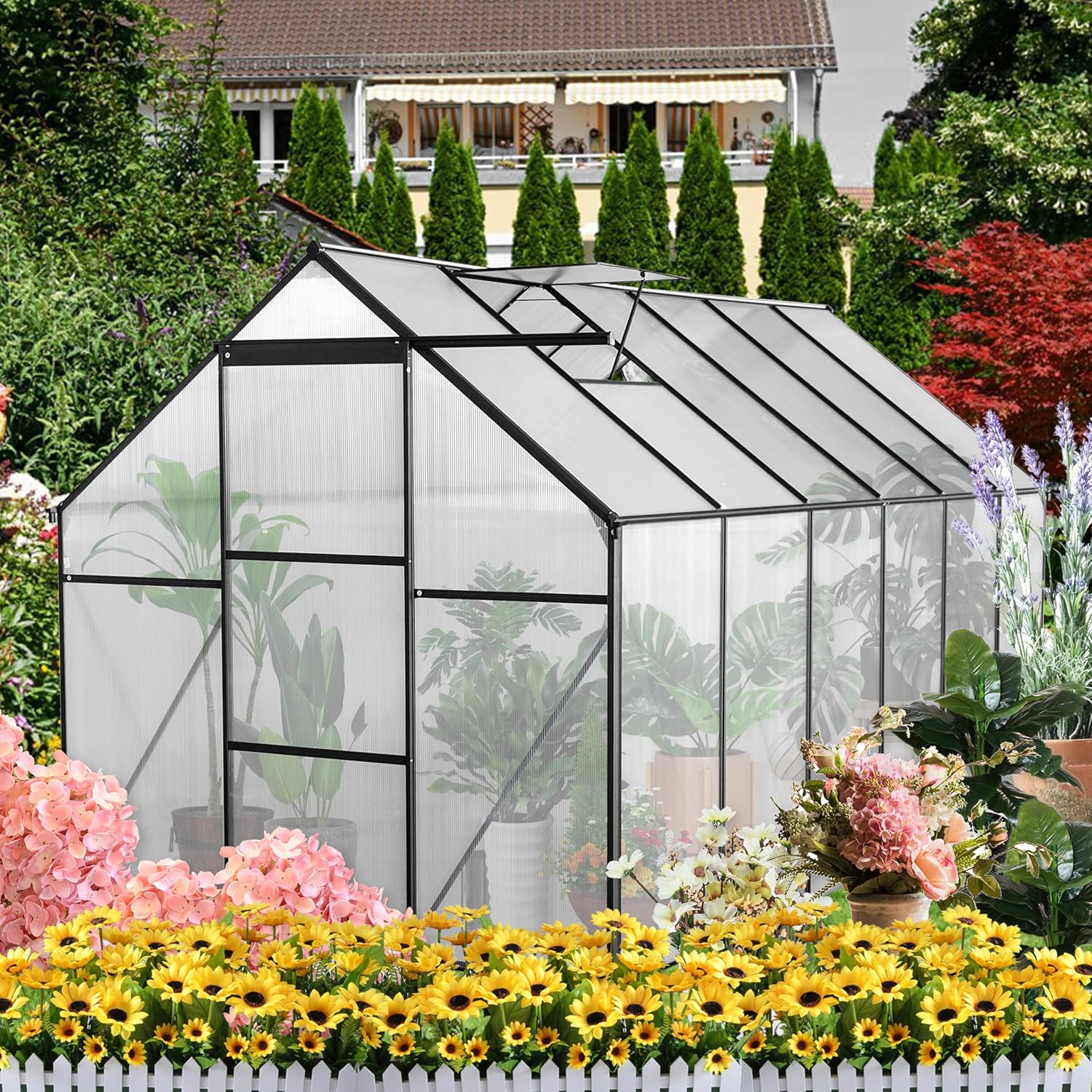 Heavy Duty Aluminum Walk-in Greenhouses w/ Raised Base for Outdoor Garden Backyard,Black