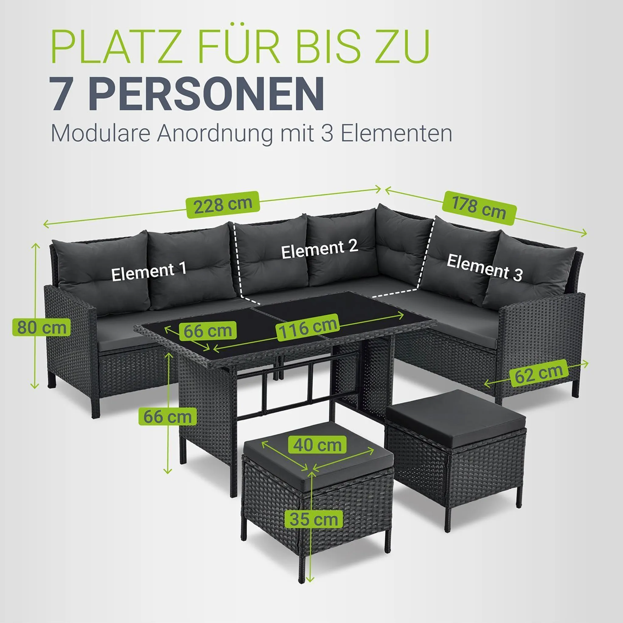 Juskys Polyrattan Lounge Manacor - Sofa, Tisch, Hocker & Kissen - Schwarz & Grau