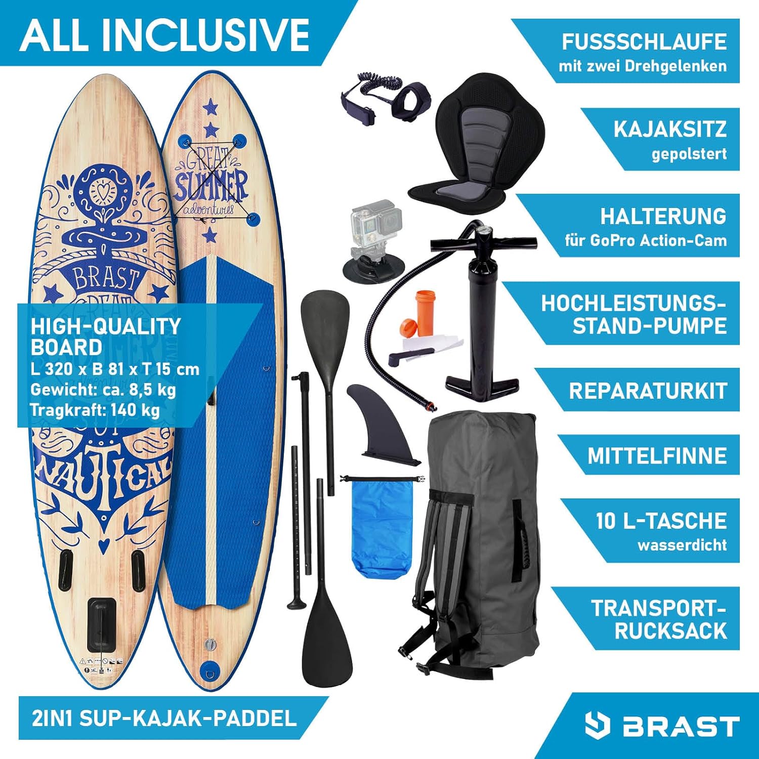 BRAST® SUP Board Summer Inflatable Stand Up Paddle Set 320 x 81 x 15 cm
