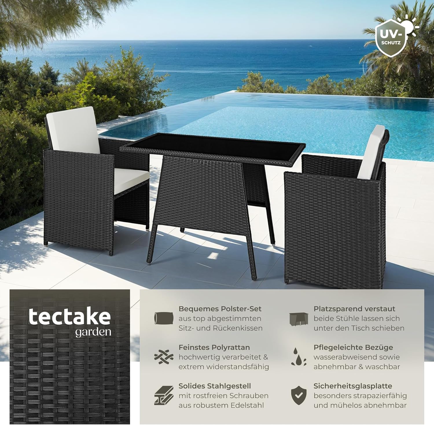 tectake® Polyrattan garden furniture set for 2 people, outdoor furniture, foldable, takes up little space, 2 armchairs and 1 table, ideal lounge set for the balcony, garden furniture, patio furniture,
