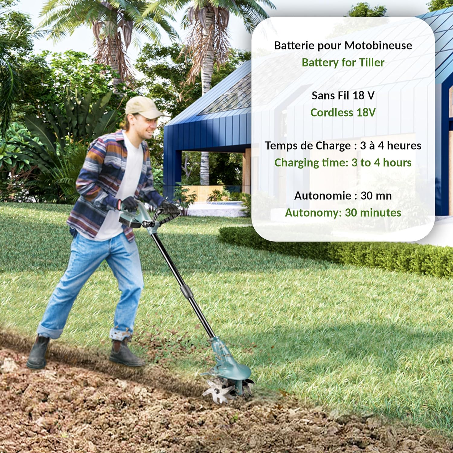 FISHTEC Wireless motor hoe with lithium battery 18 V, working width: 20 cm, working depth: 8 cm, 4 routers, ergonomic double handle, battery and charging station incl.