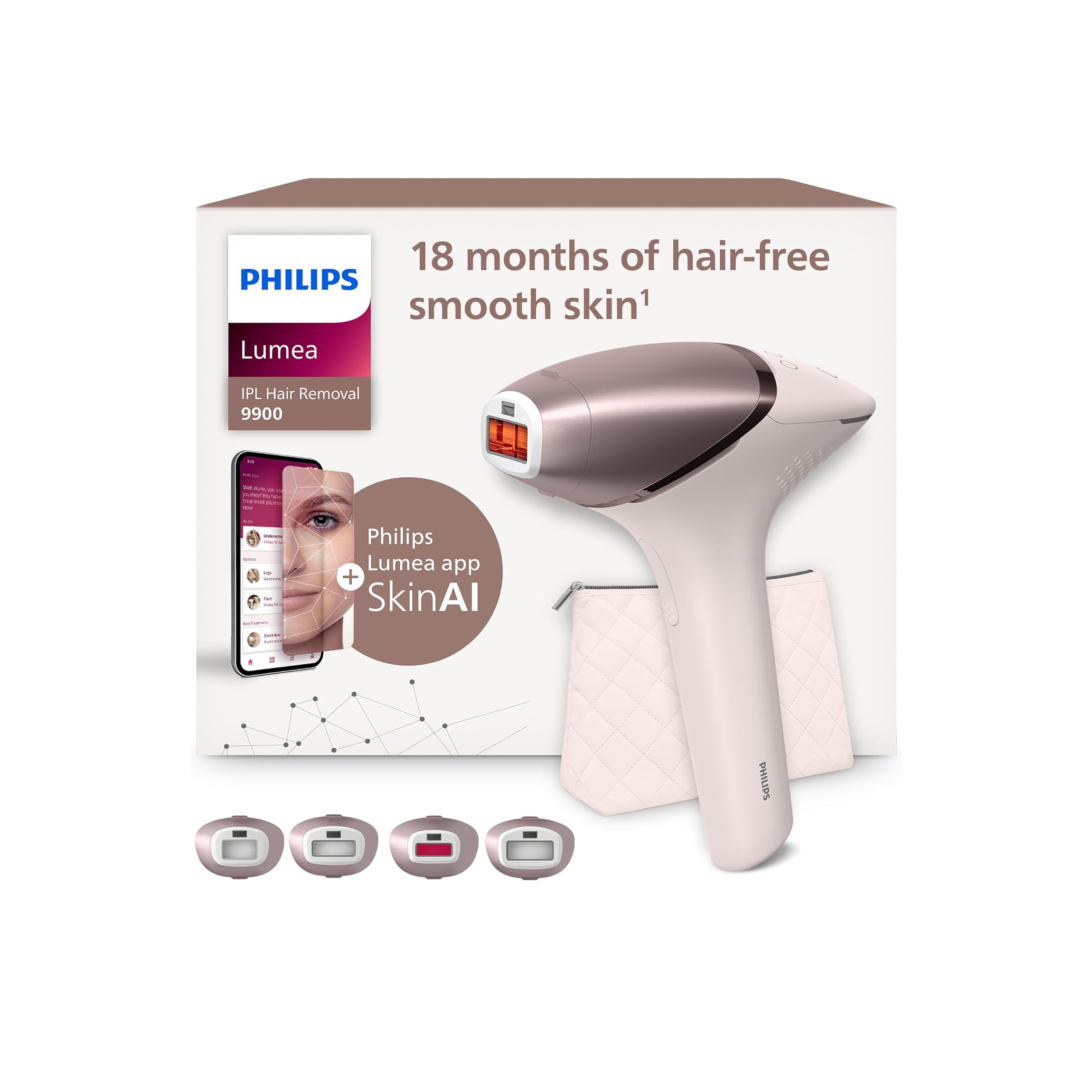Philips Lumea Série 9900, épilateur à lumière pulsée, technologie SenseIQ et SkinAI, 4 embouts pour le corps, le visage, le maillot et les aisselles, utilisation avec et sans fil (modèle BRI951/00)