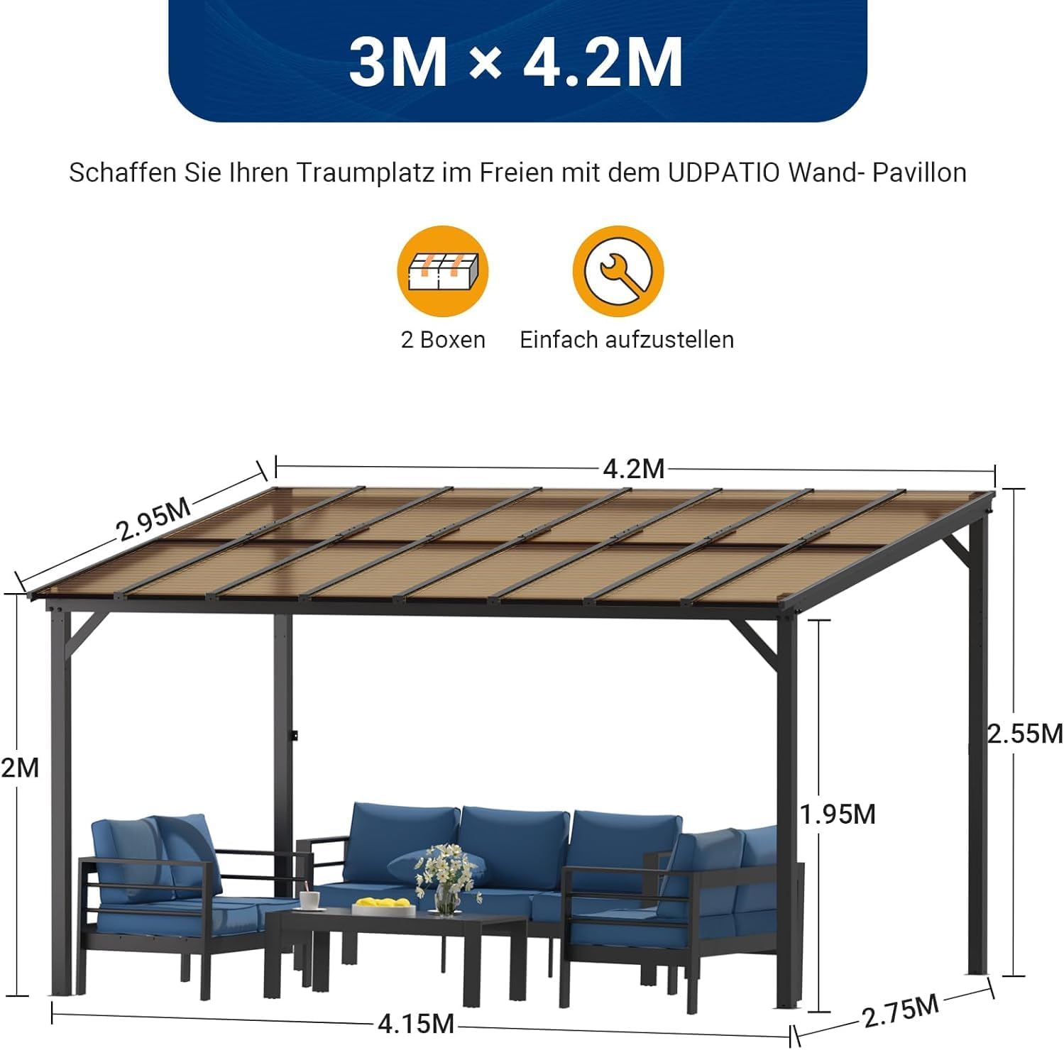 UDPATIO Borneo Patio Canopy 4.2 x 3 m with Sturdy Steel Frame and UV Polycarbonate Roof for Garden, Patio Champagne. Approx. 8 x 8 cm Profile