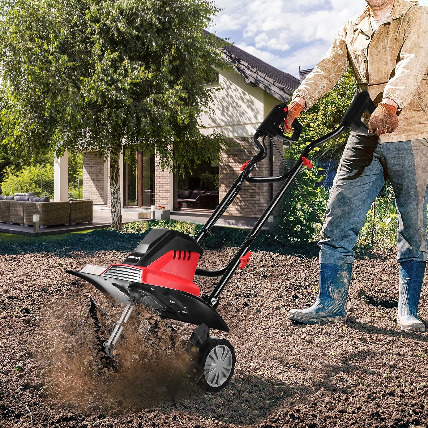 COSTWAY Electric Tiller 1500W Working Depth 22CM Width 43CM with Foldable Handle and Adjustable Wheels 6 Blades for Gardening and Weeding