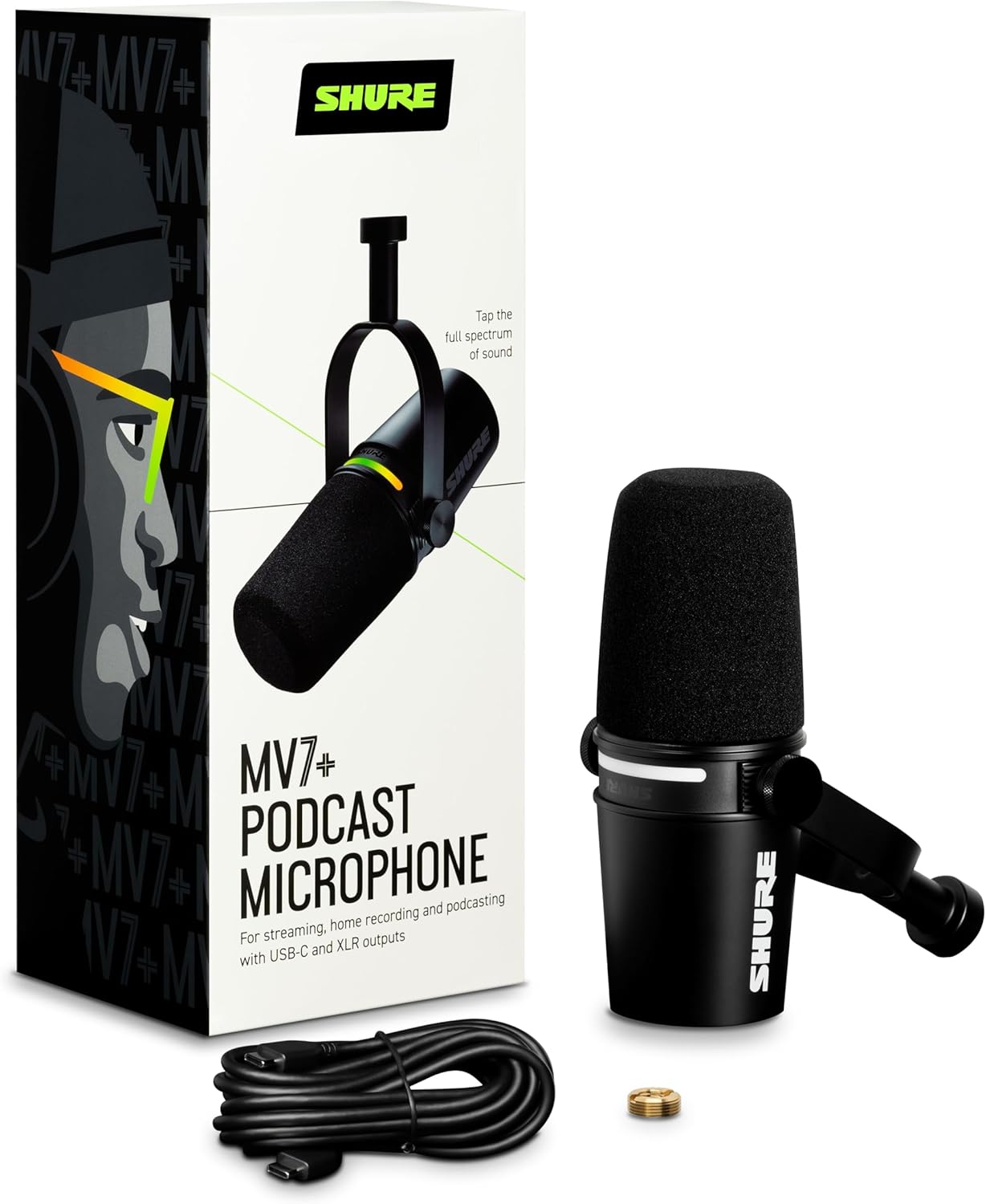 Shure MV7+ Microphone pour Podcast-Audio amélioré, Bandeau Tactile LED, Sorties USB-C et XLR, Mode Auto Level, Filtre Anti-Pop numérique, réverbération intégrée, podcasting, Streaming -Blanc
